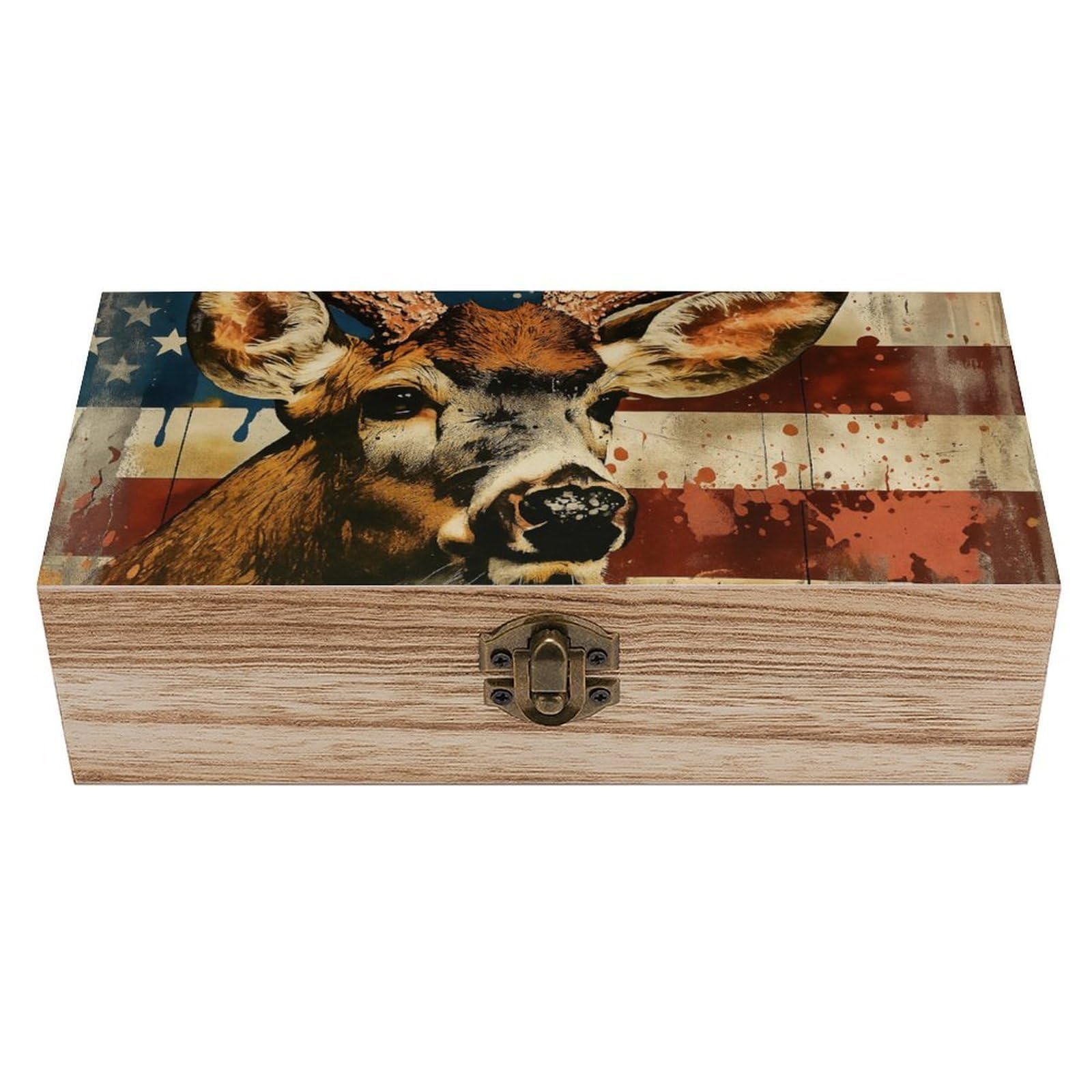 Oudrspo American Flag And Deer Retro Wooden Storage Box Keepsake Jewelry Decorative Art Storages Box Gift Boxs