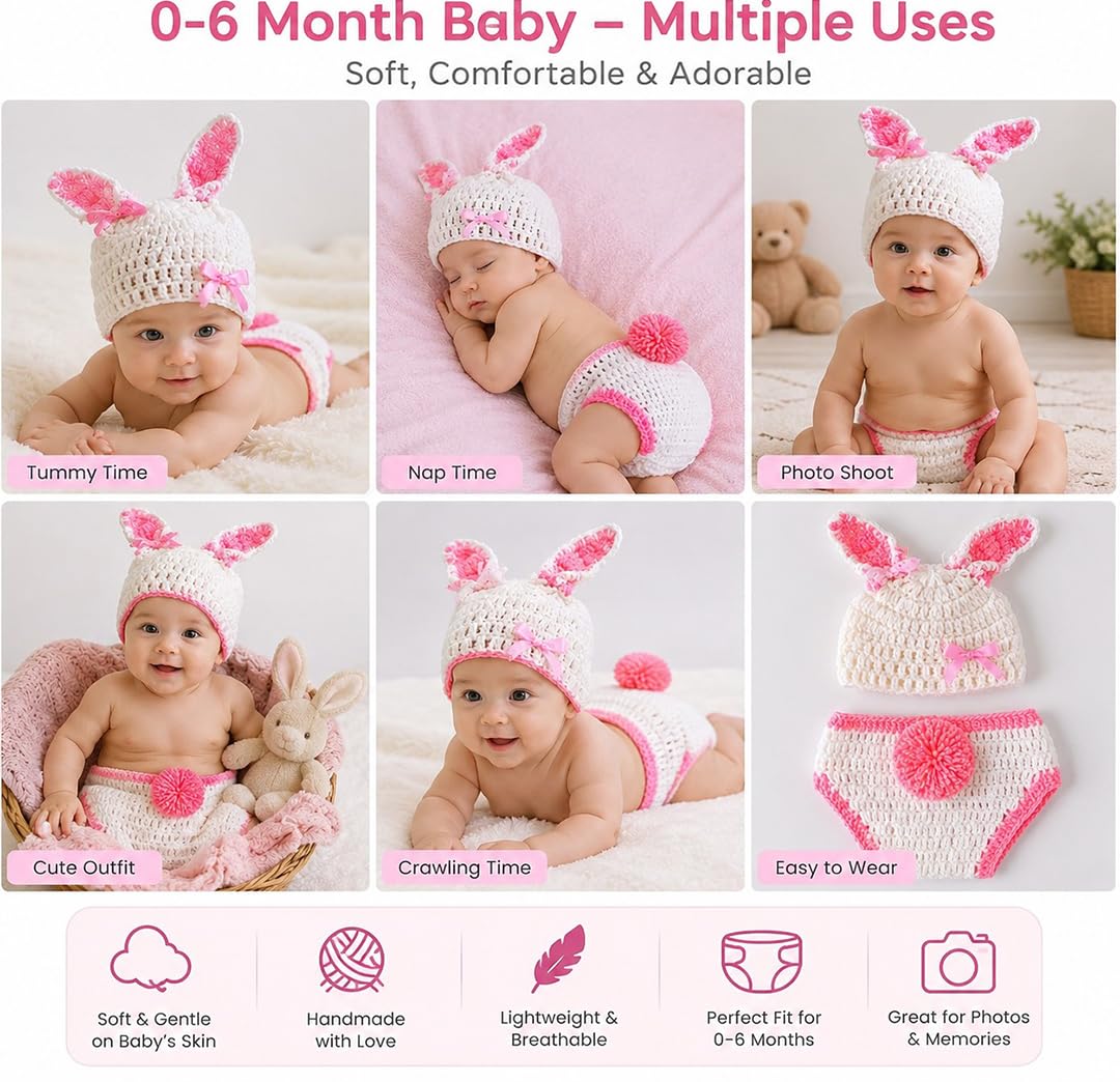 BabyMoon ( SET OF 2 Rabbit Crochet New Born Baby Photography Shoot Props Costume (0-6 Months, Snow White)(Silk) 1