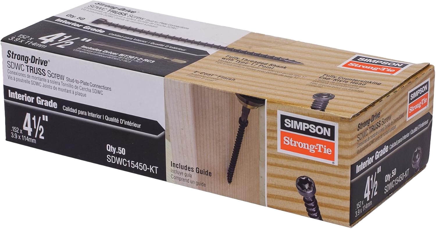 Simpson Strong-Tie SDWC15450-KT Strong-Drive SDWC Truss Screw, 4-1/2" Interior Wood Screws, Electrocoating, Black, (Truss Kit Includes 50 Screws, 1 Bit, 1 Guide)