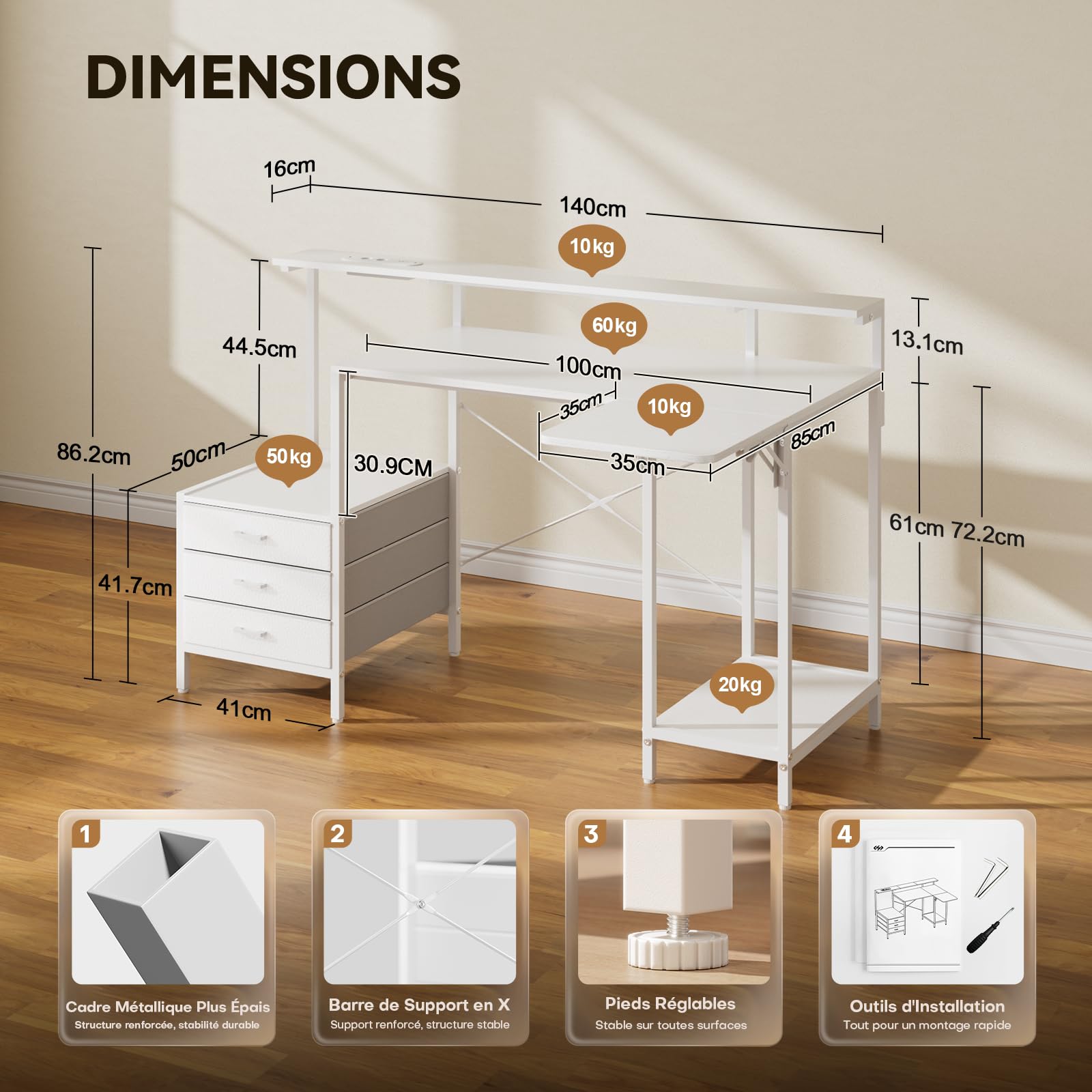 SOLAVERO Bureau Gaming d'angle, Plateau Rabattable, 140 cm, Blanc