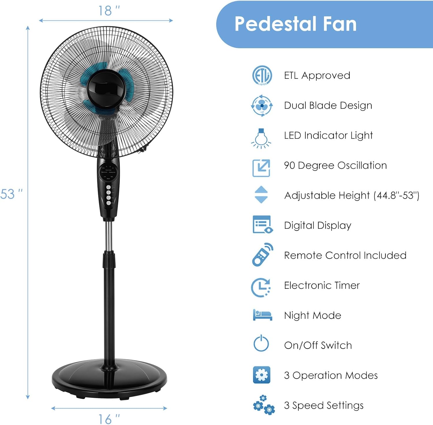 ARLIME 16 Inch Pedestal Fan, Adjustable Height, 3 Speed, Remote Control & LCD Digital Display, Quiet Standing Fan fot Home Kitchen, Office, Bedroom