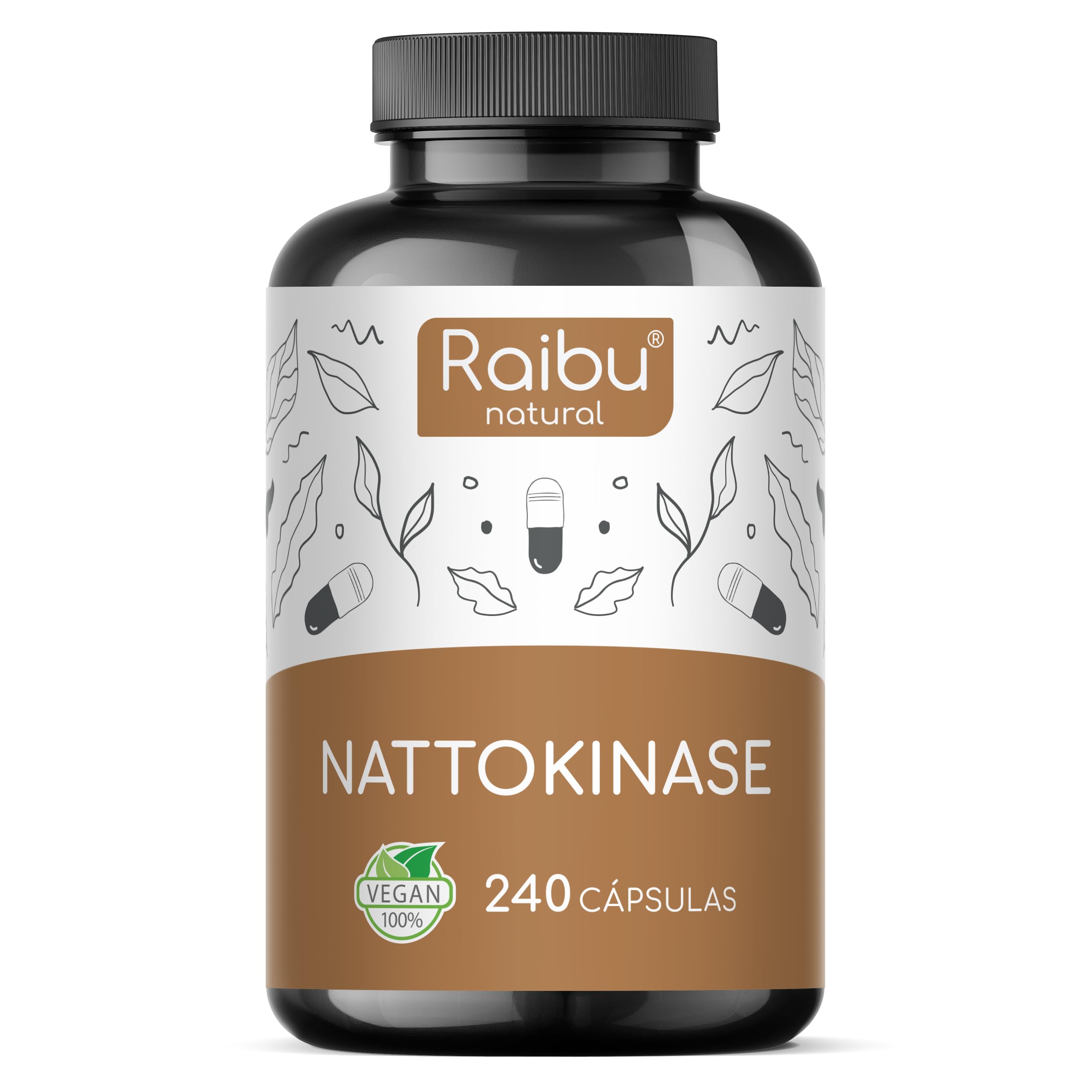 Raibu Nattokinase 240 Cápsulas - 100 mg de Alta Potencia (20.000 FU/g) - Suministro para 8 Meses & Vegano - Natto de Soja - Pureza y Calidad Certificadas