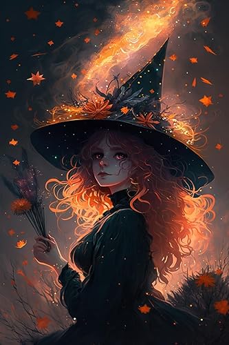 Kits de pintura de diamantes de bruja de Halloween, para principiantes por números, pintura de pasta de diamante redonda completa, kit de punto de