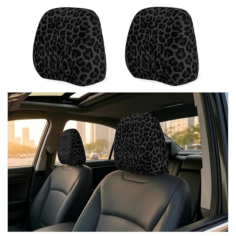 Kit com 2 capas para encosto de cabeça automotivo TSIEBRV com estampa de leopardo e elástico, cinza
