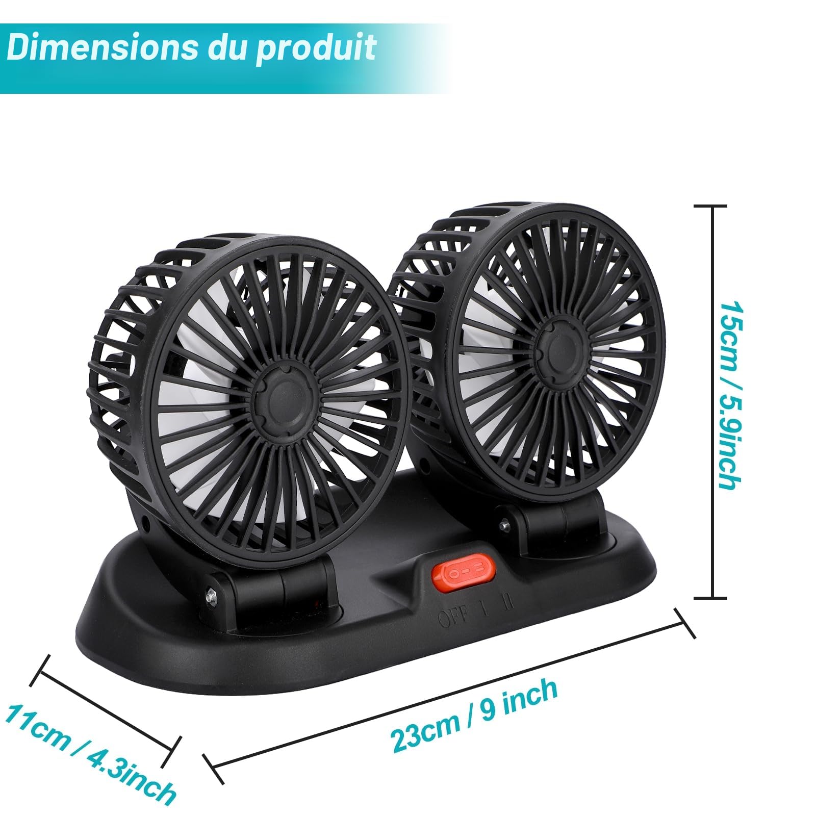 Ventilateur Double Têtes 5V USB Ventilateur de Véhicule Ventilateur de Bureau, Rotation à 360 Degrés Ventilateur de Refroidissement Avec 2 Vitesses, Ventilateur portable Voiture pour Bureau Maison