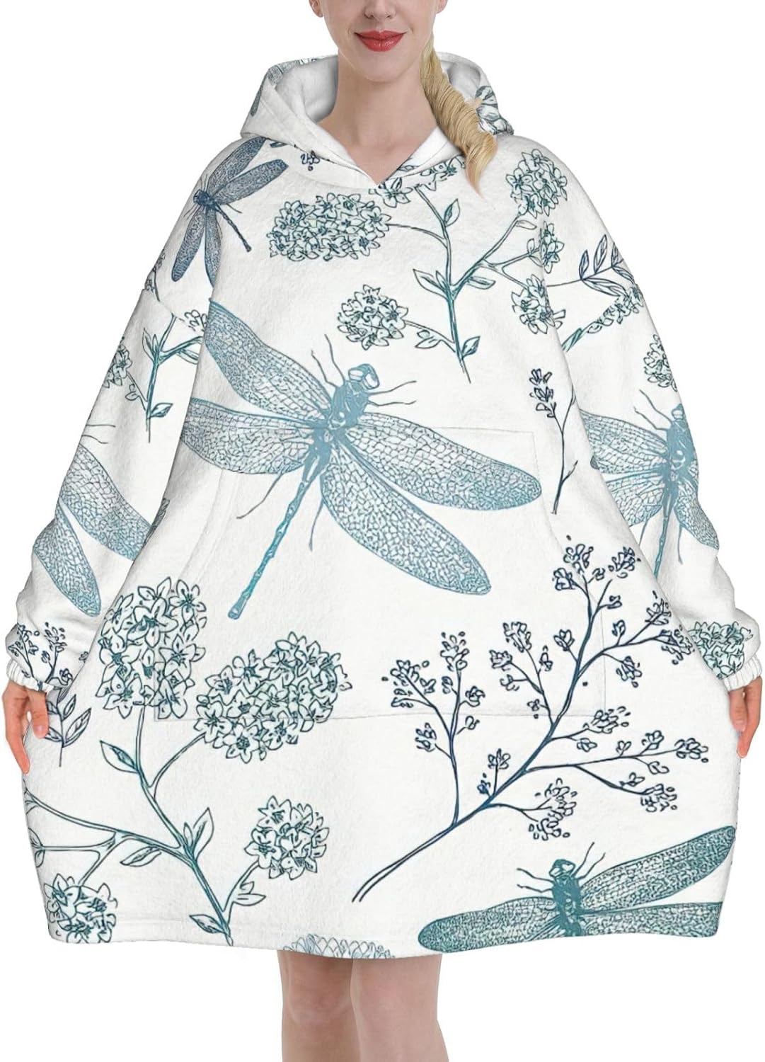 Dragonfly Flowerprint Oversized Hoodie Blanket, Super Soft Warm Comfortable Hoodie, Wearable Blanket Adult