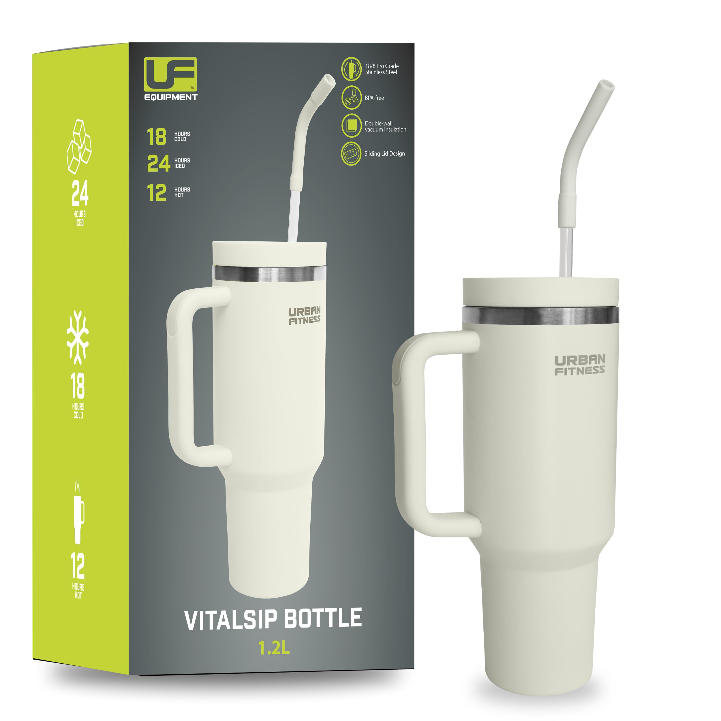 Urban Fitness VitalSip V2 Bottle, 1200ml 40oz, Insulated Stainless Steel, Sliding Lid with Straw, BPA-Free, Hot 12 Hours & Cold 18 Hour, Drink Tumbler, Cream