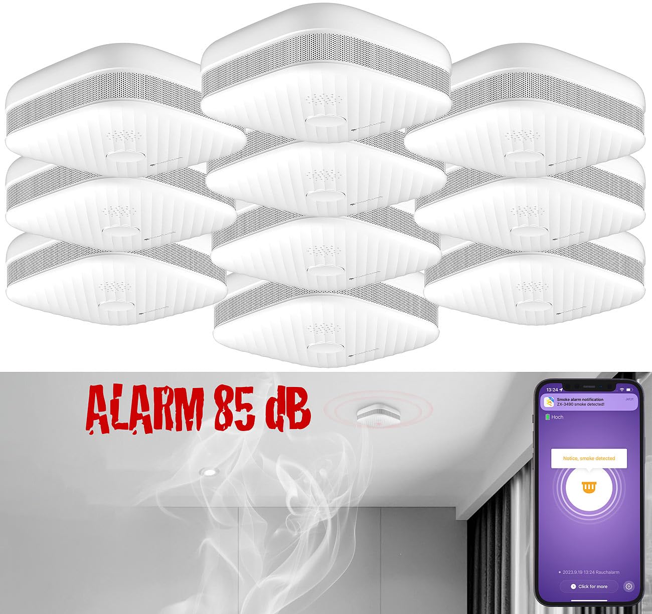 VisorTech rilevatore di fumo smartphone: Set da 10 Rilevatore di fumo e calore Wi-Fi (con notifica app, con avviso app)