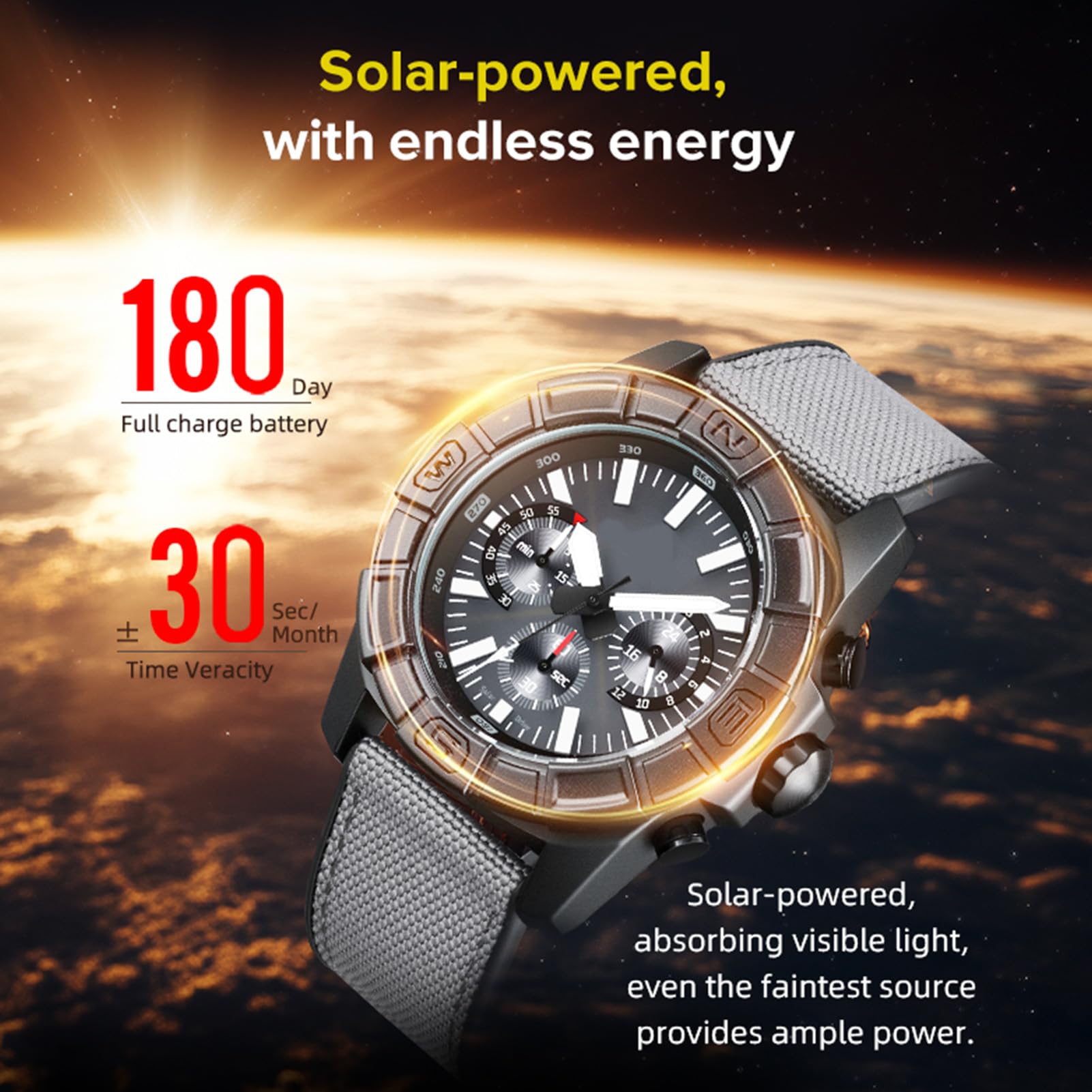 Bnineteenteam Orologio da Quarzo Maschile Ad Energia Solare, Display a Prova di Pioggia, Comodo e Multifunzionale con Mani Luminose per all'aperto, Quotidianamente, Affari