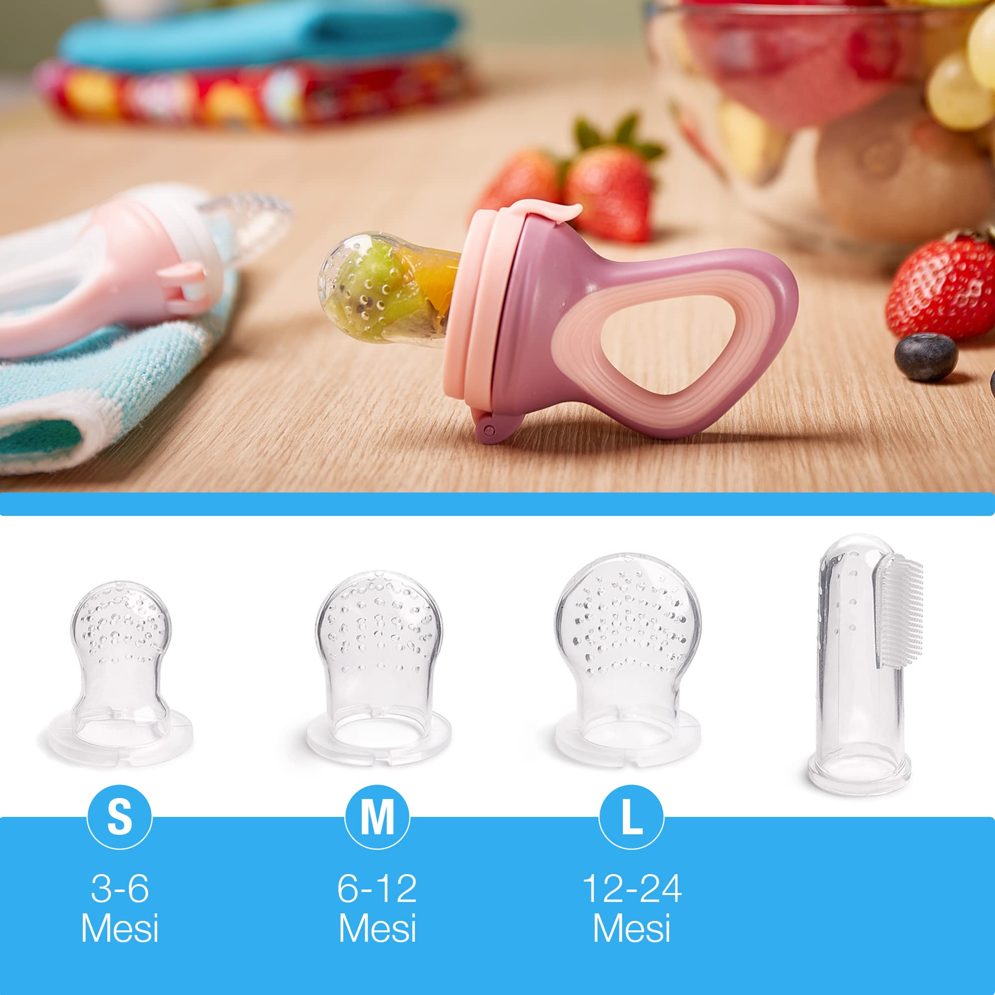 iFancy Anello di dentizione per neonati e bambini + 3 tettarelle in silicone in 3 misure + 1 spazzola per bambini | Per neonati | Per frutta e verdura | Rosa/Bianco