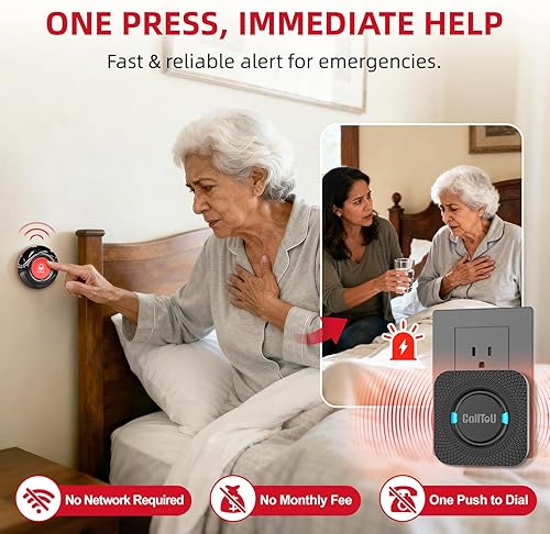 Miniatura 2 de CallToU Buscapersonas de cuidador inalámbrico botón de alerta de campana de llamada para personas mayores/ancianos/pacientes 1 receptor de enchufe 1