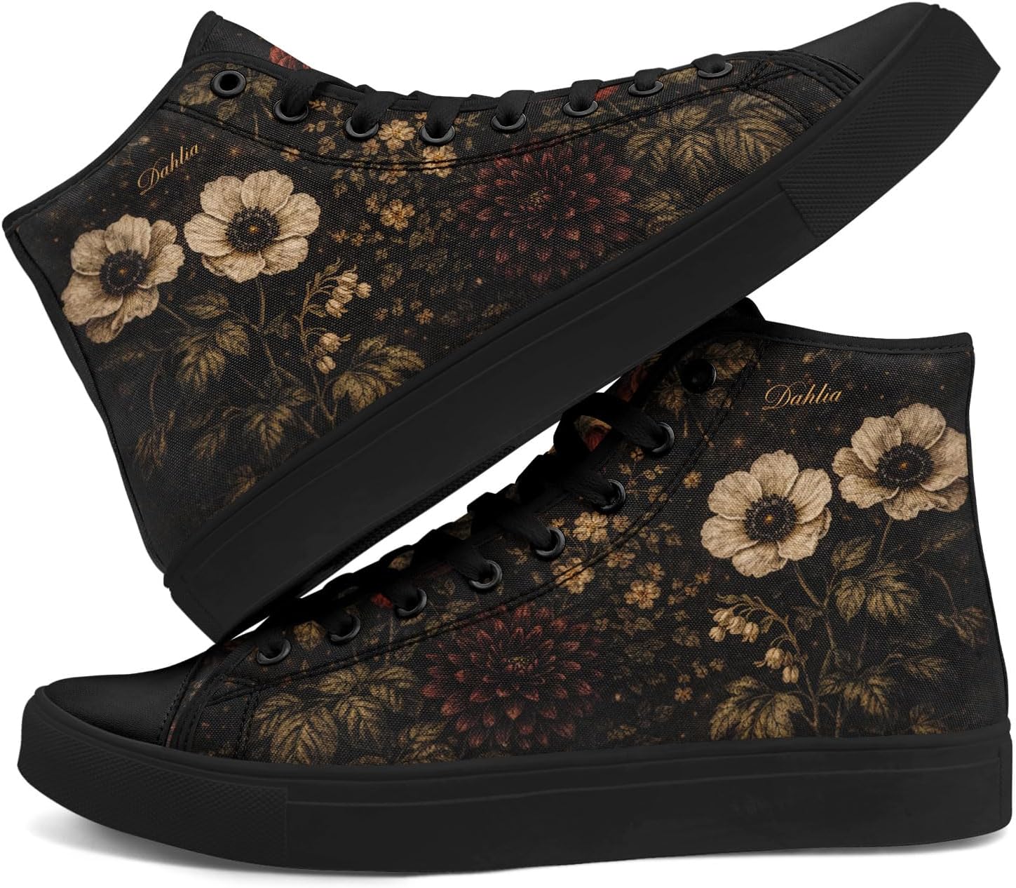 Dark Floral High Top Canvas Sneakers for Women, Vintage Botanical Art Print Lace-Up Casual Walking Shoes