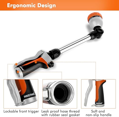 Miniatura 4 de RESTMO Varita de riego de metal, varita de manguera de jardín resistente con cabezal giratorio de 180, boquilla de manguera de 16 pulgadas con 7