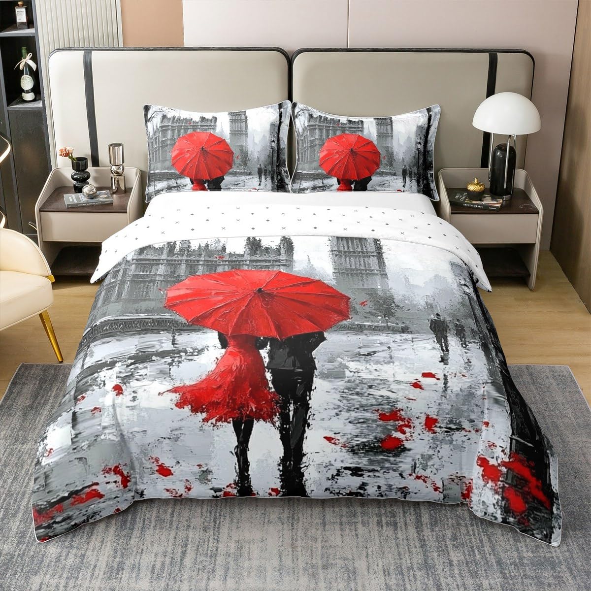 Loussiesd Rotes Paar Liebhaber 100% Baumwolle Bettwäsche Set 135x200cm Big Ben Bettbezug Dekor Mr Mrs Paris Moderne Stadtbild London Street Betten Europäische Stadt Bettwäsche-Set