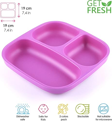 Miniatura 2 de GET FRESH Bamboo Kids - Juego de platos divididos para niños  Paquete de 2 platos de bambú de 3 compartimentos para niños  Juego de platos divididos