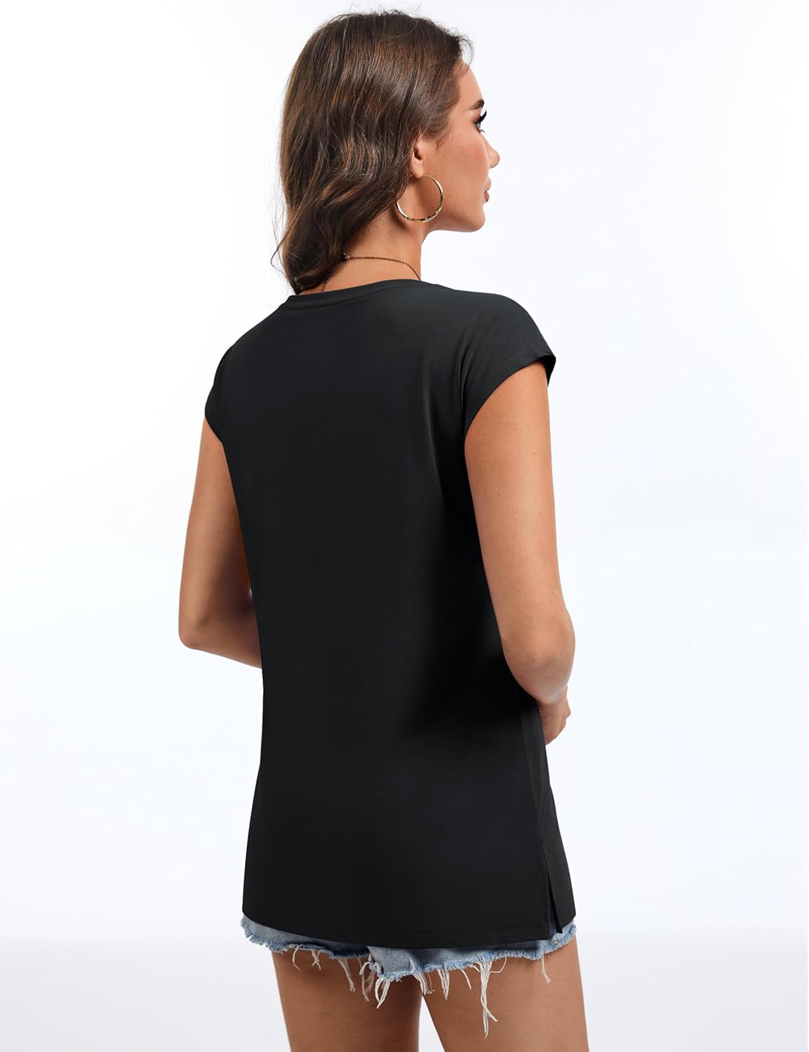 YUCOLEN Women's Cap Short Sleeve Tunic Tops V Neck Cotton T-Shirts UPF50+ Soft Breathable Summer Basic Tee - Image 2