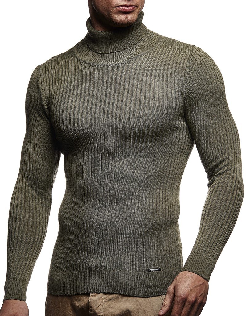 Leif Nelson Men's Pullover Knit Sweater fine Knit Turtleneck LN-1670 Khaki Medium