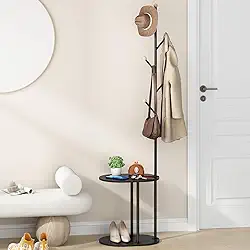 Cabideiro de Chão, Organizador de Roupas de Metal com Mesa Lateral, Casacos, Bolsas, Chapéus, 6 Ganchos, Cabide de Entrada, Prete