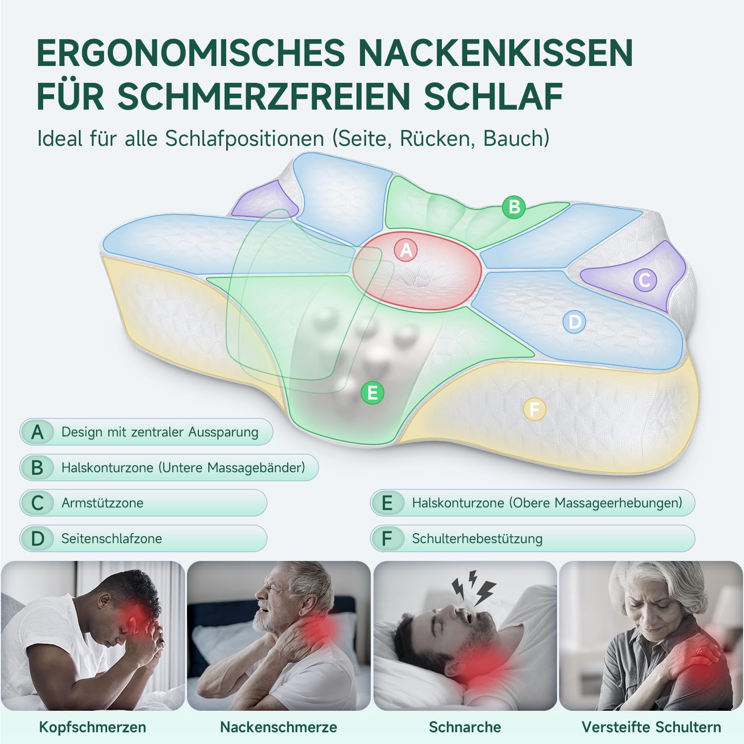 TESQ Ergonomisches Nackenkissen, 2-in-1 Memory Foam Kissen für Nacken, Kissen zum Schlafen auf der Seite und auf dem Rücken, 60 x 40 x 9/12 cm, Weiß