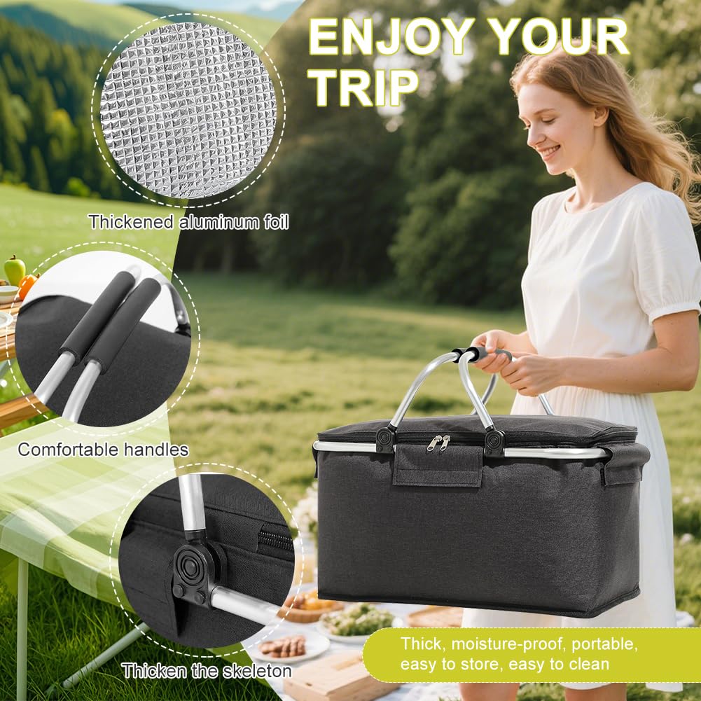 Panier à provisions pliable en alliage d'aluminium de 18 l avec poignée rembourrée et isolation zippée pour voyage/pique-nique, shopping