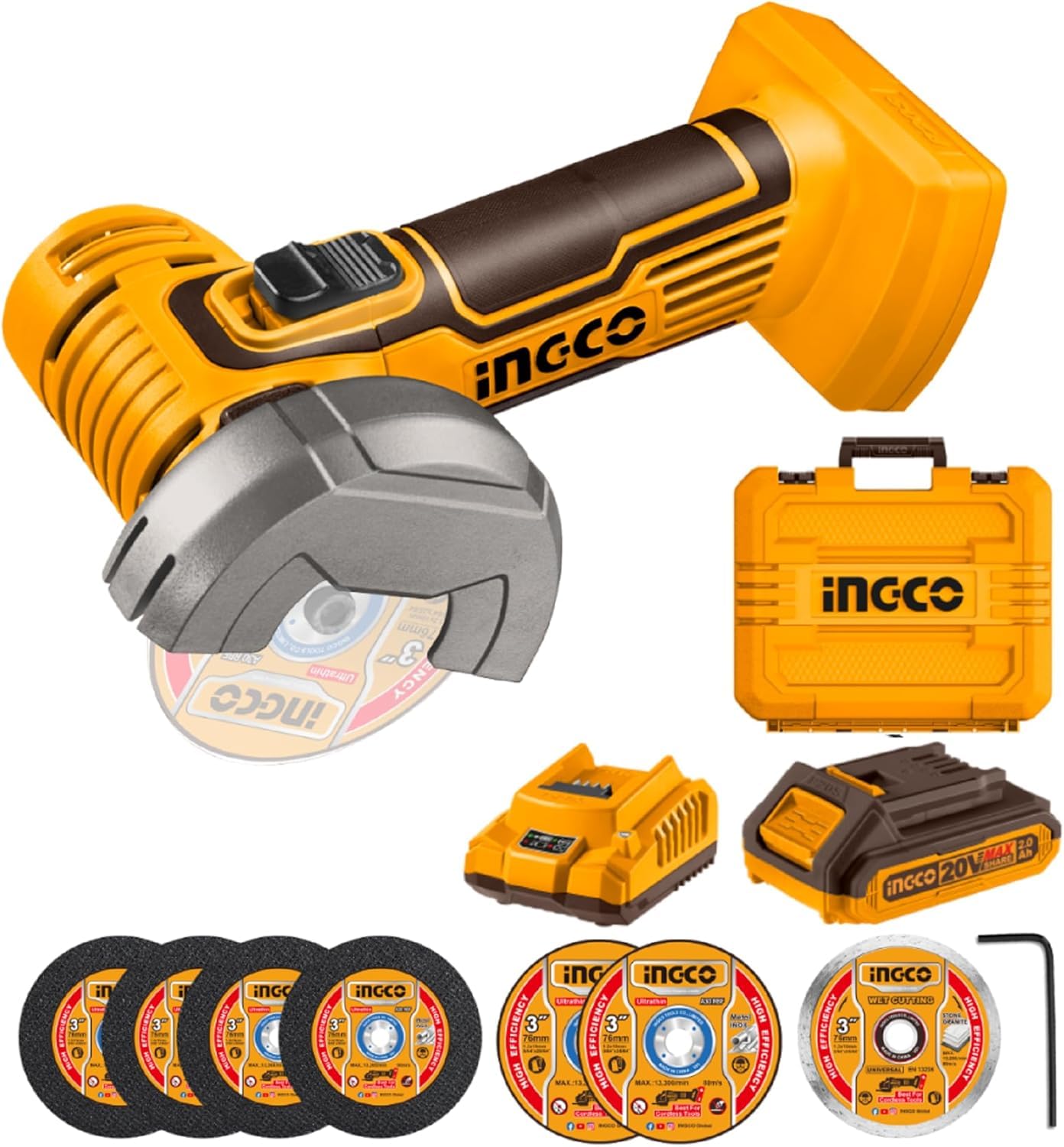 INGCO Cordless Mini Angle Grinder, 19500 RPM, 3 Inch Disc Diameter, M6