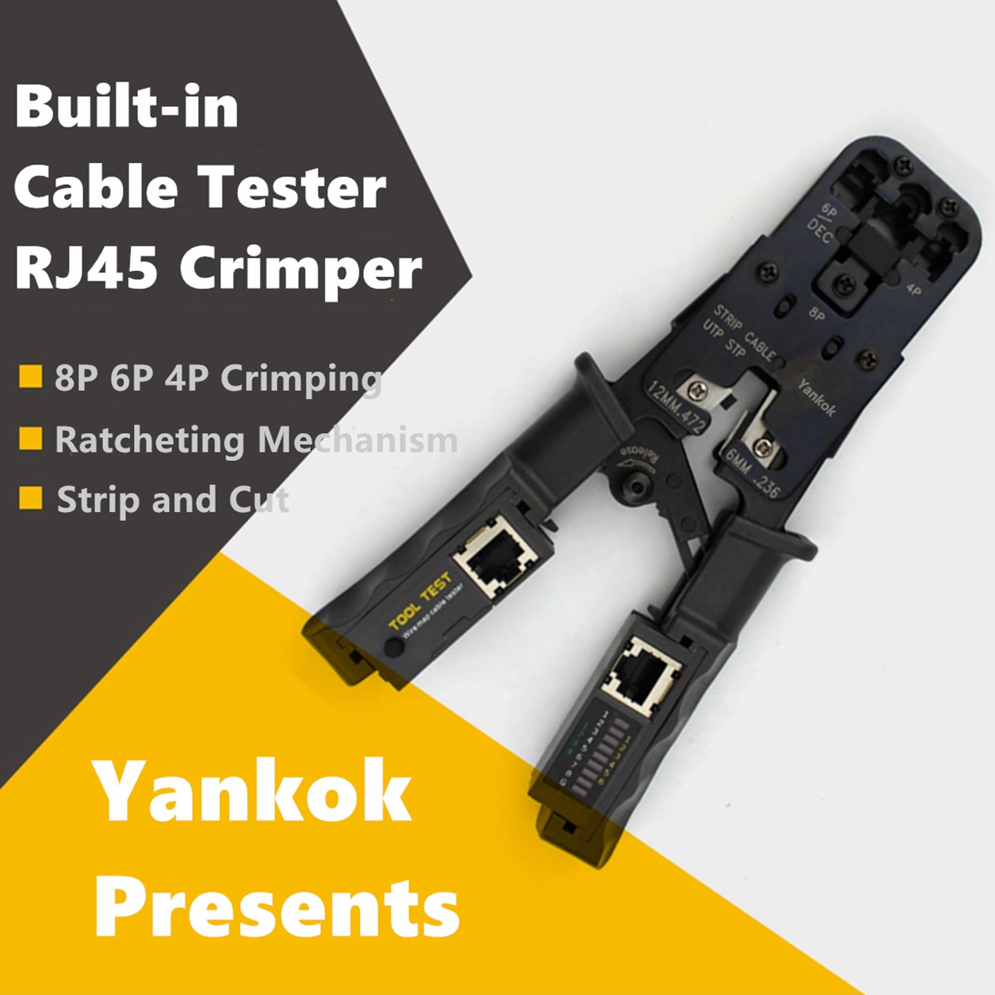 Yankok Modułowa zaciskarka wtykowa HT-022: zaciskane złącza RJ45 8P8C RJ12 RJ11 6P6C/4C/2C, RJ10 i RJ9 4P4C/2C, cięcie taśmowe i testowe kable Ethernet z testerem kabli