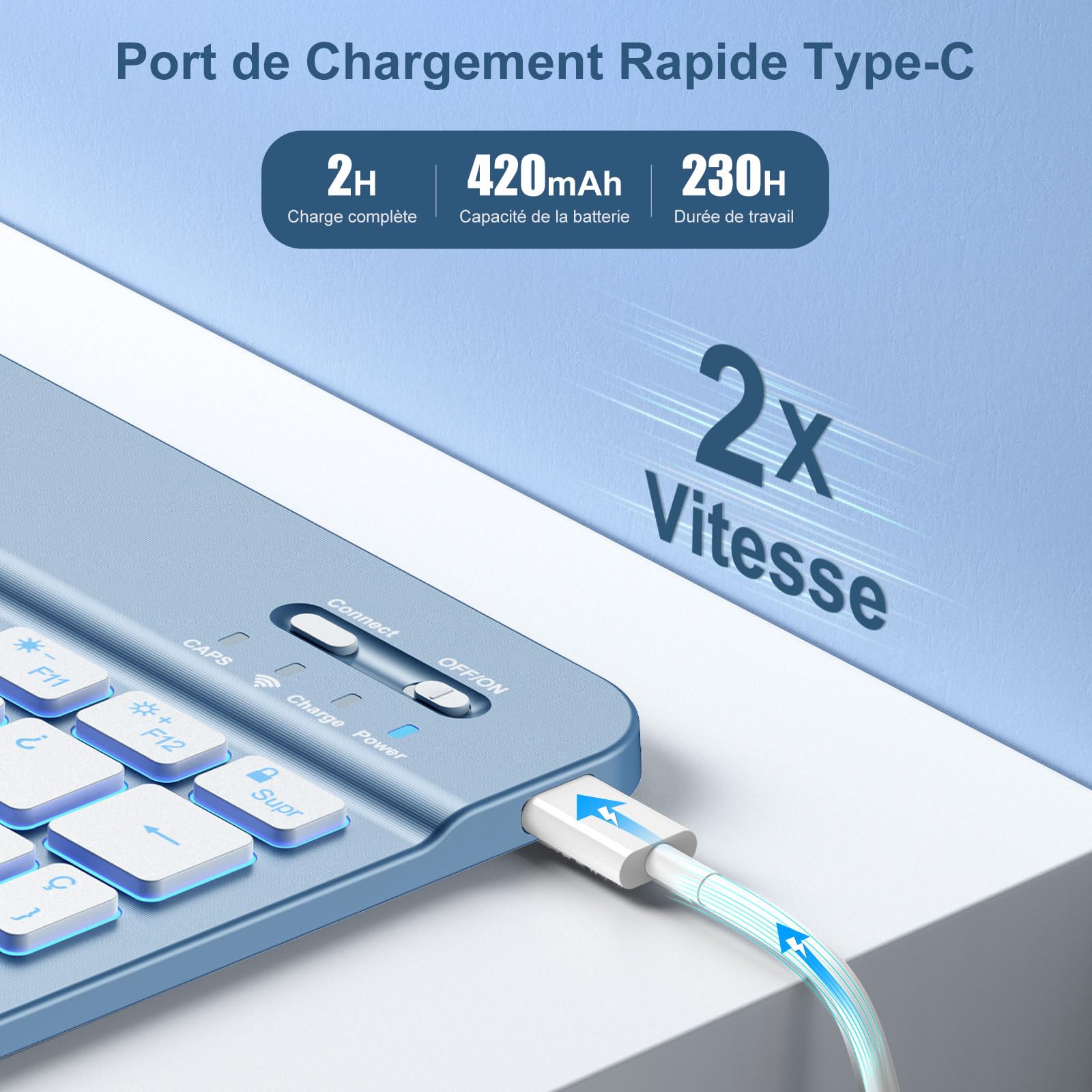 Vobafe Coque Clavier pour iPad A16 11/10 Ème Generation (11 Pouces 2025/10.9 Pouces 2022), Étui Keyboard 7 Couleurs Rétroéclairées avec Porte Crayon, AZERTY Layout pour iPad 10eme/11eme, Bleu