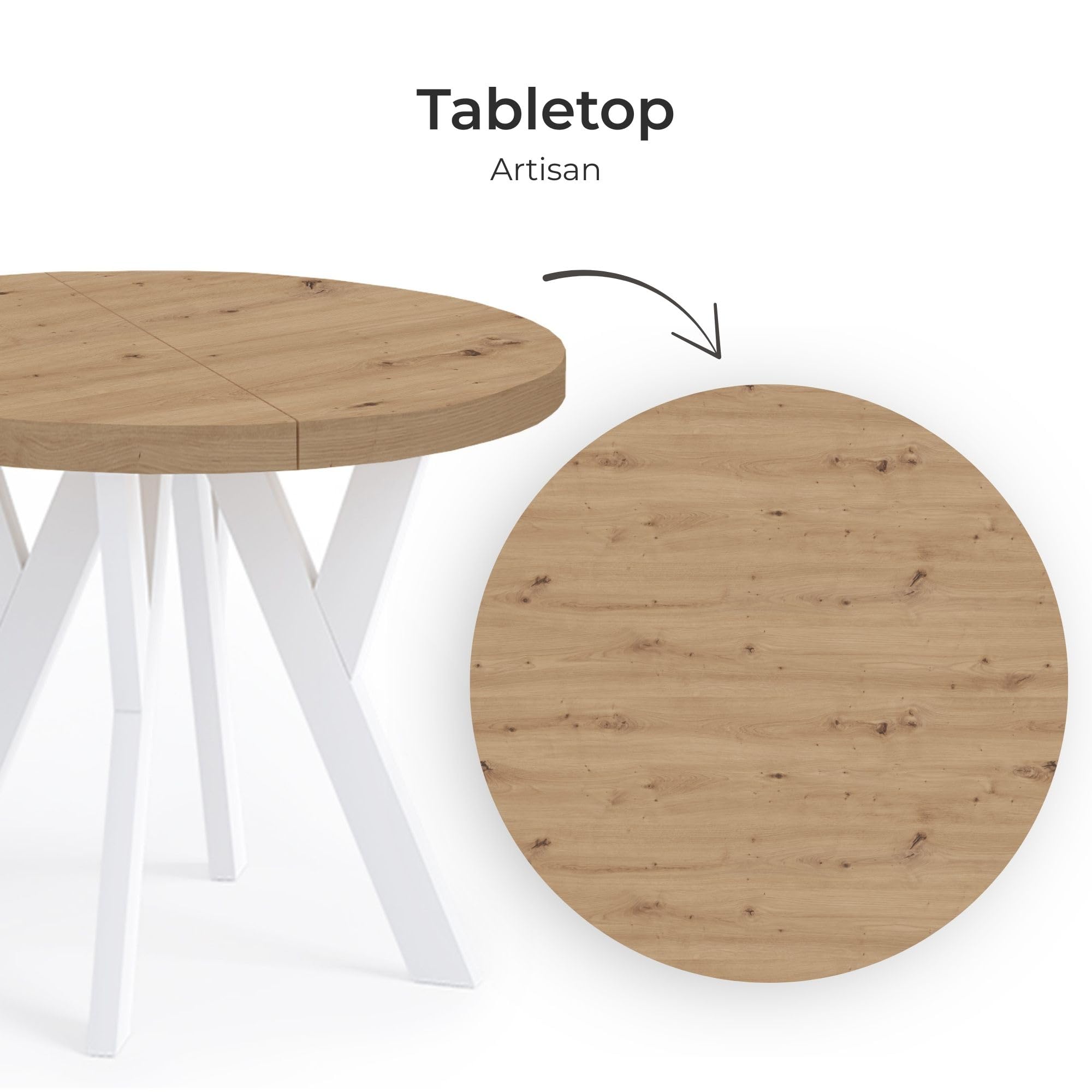 Runder Ausziehbarer Tisch für Esszimmer mit Holzbeinen, Pero, Loft-Stil, Skandinavische, Durchmesser Varianten: von 90 bis 220 cm (Eiche Artisan/Weiß, 90/140 cm)