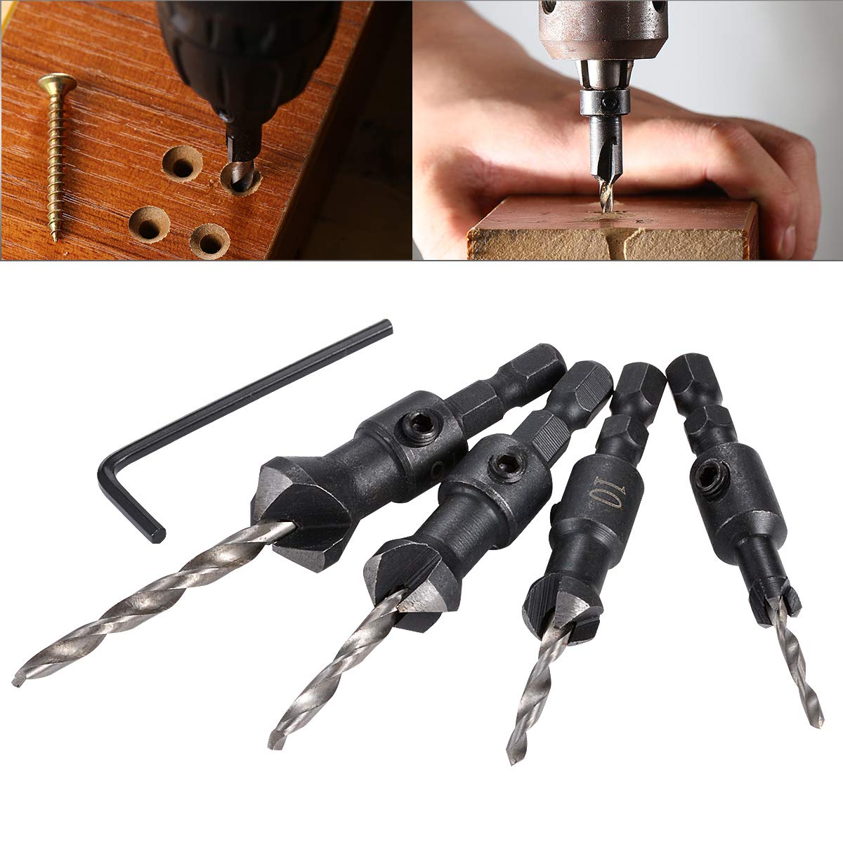 Countersink Drill Bit Set, HOHXEN 4 Pcs Tapered Countersink Drills with One Small Hex Wrench, 2.5mm Hex Shank Woodworking Tools, HSS Quick Change Drill Bit, for Screw Sizes #6#10#13#16
