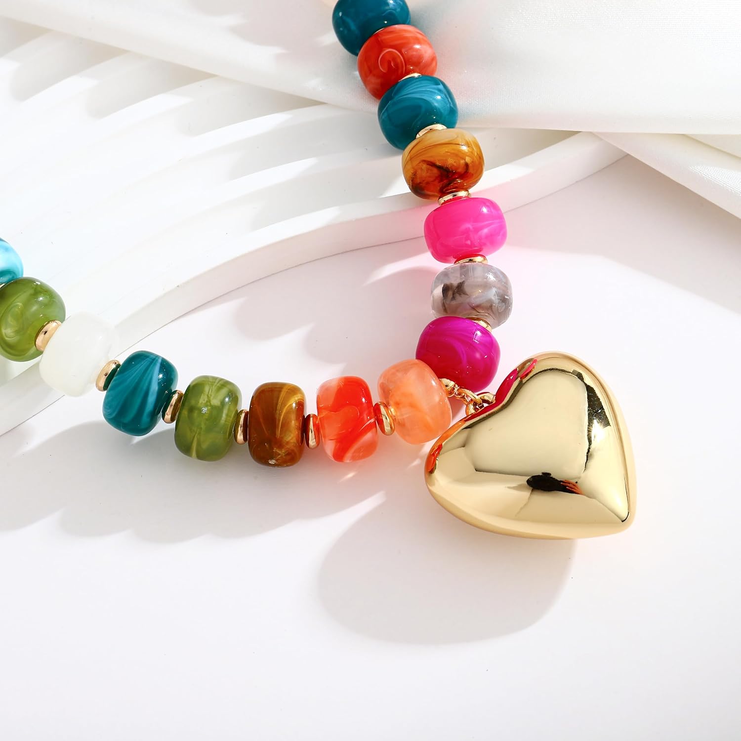 CLASSYZINT Colorful Chunky Beaded Necklace with Gold Puff Heart Pendant Statement Necklace for Women - Image 4
