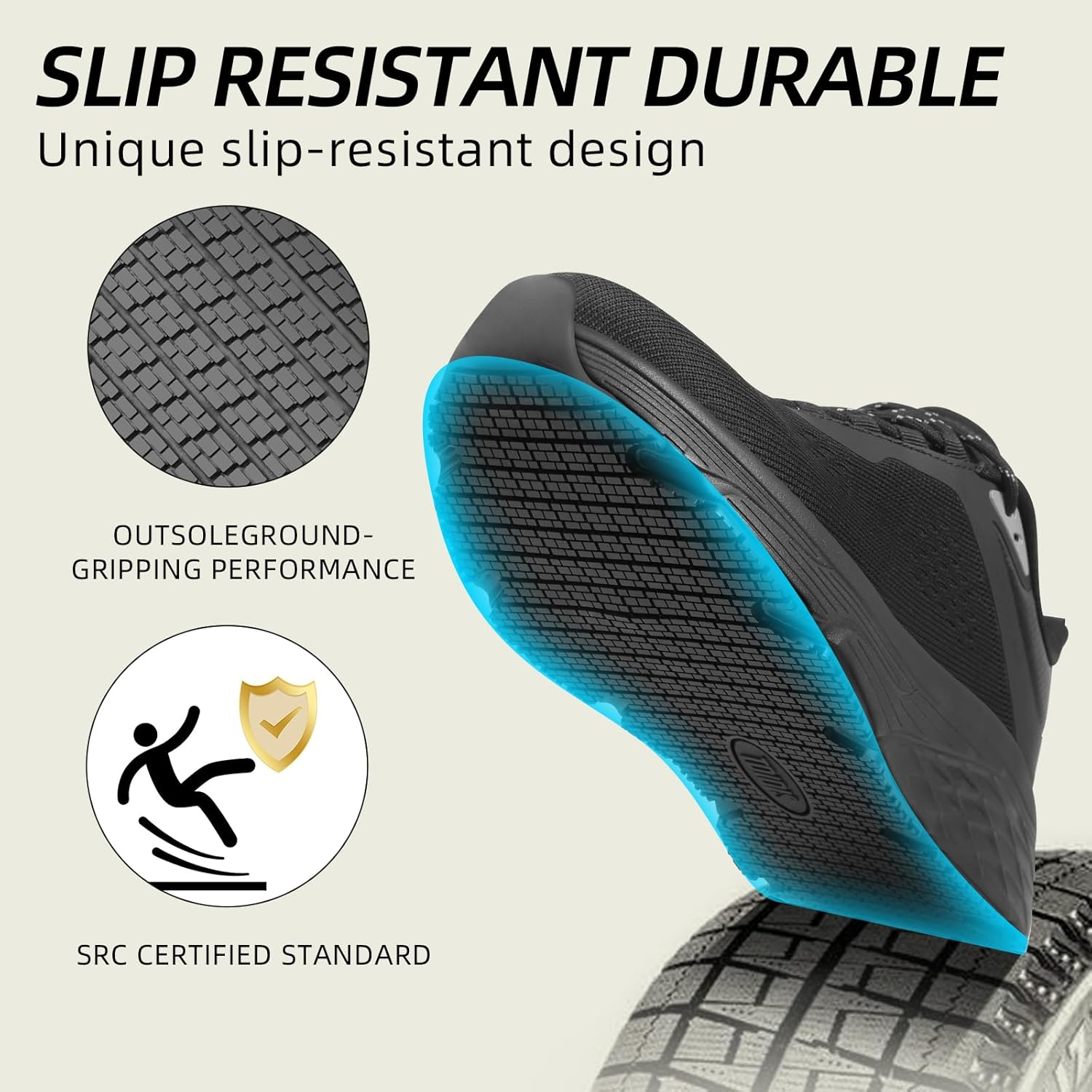 Black Non Slip Work Shoes for Women, Water-Resistant Kitchen & Restaurant Sneakers, Cushioned Thick Midsole for All-Day Standing, Chef & Food Service Footwear - Image 3