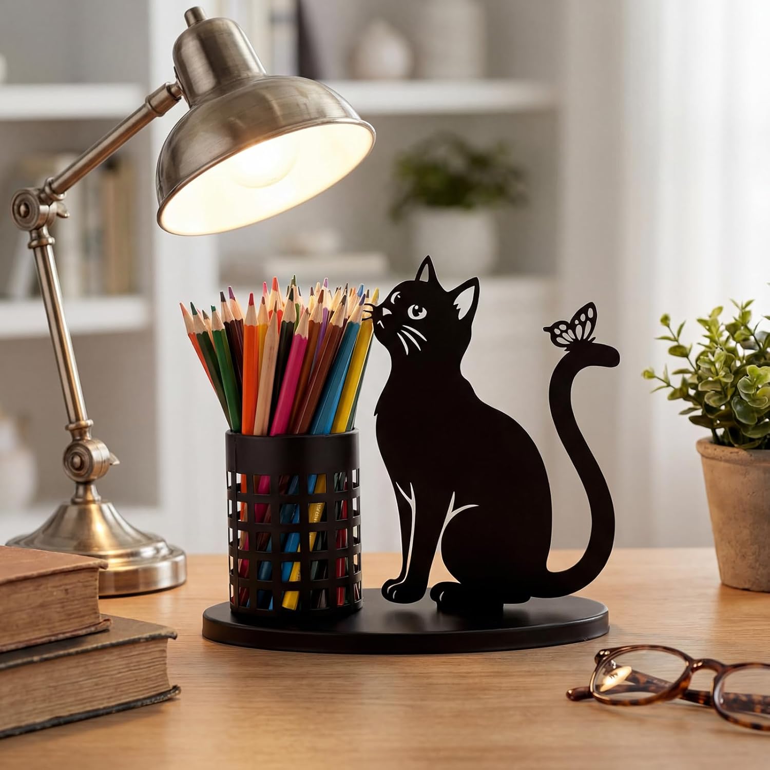 Tandefio Cat Pen Holder for Desk Cute Black Pencil Holder Metal Desk Accessories Organizer Makeup Brush Pen Cups for Office Home Decor Table Centerpiece Lover Gifts Women (Sitting)
