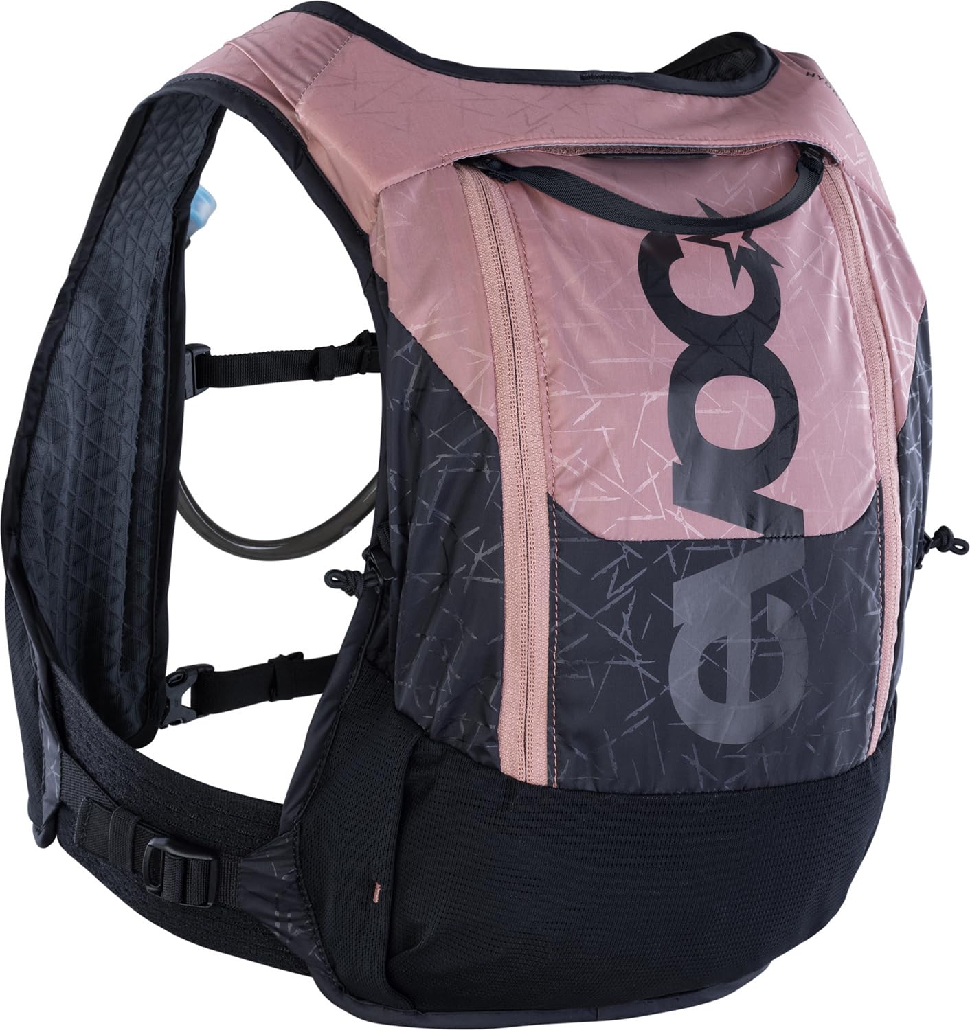 EVOC HYDRO PRO 6 + HYDRATION BLADDER 1,5, zaino idratante (2 scomparti per alimenti e tasche con cerniera, incl. sacca idrica da 1,5 l, taglia unica), rosa antico - nero