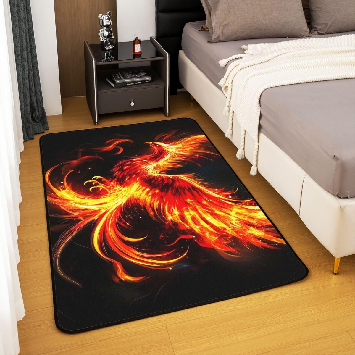 Castle Fairy Phoenix Mat Rug for Living Room Bedroom,Fire Phoenix Flying Bird Soft Cozy Carpet Ancient Wildlife Decor Floor Mat Red Black Room Decorative Rug,3x5