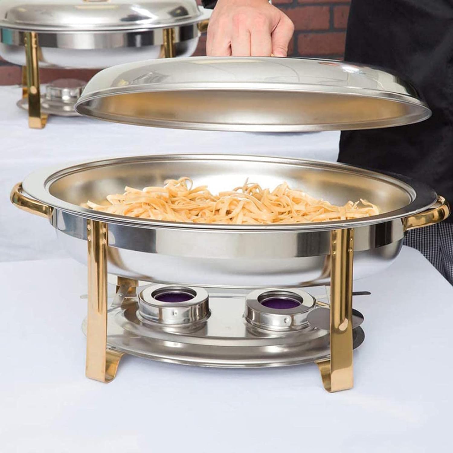 Catering Insulation TrayStainless Steel Chafing Dish Set 6 Quart Oval Buffet Warmer with Food Pan Water Pan Frame Lid and Fuel Holder for Catering Party,Gold