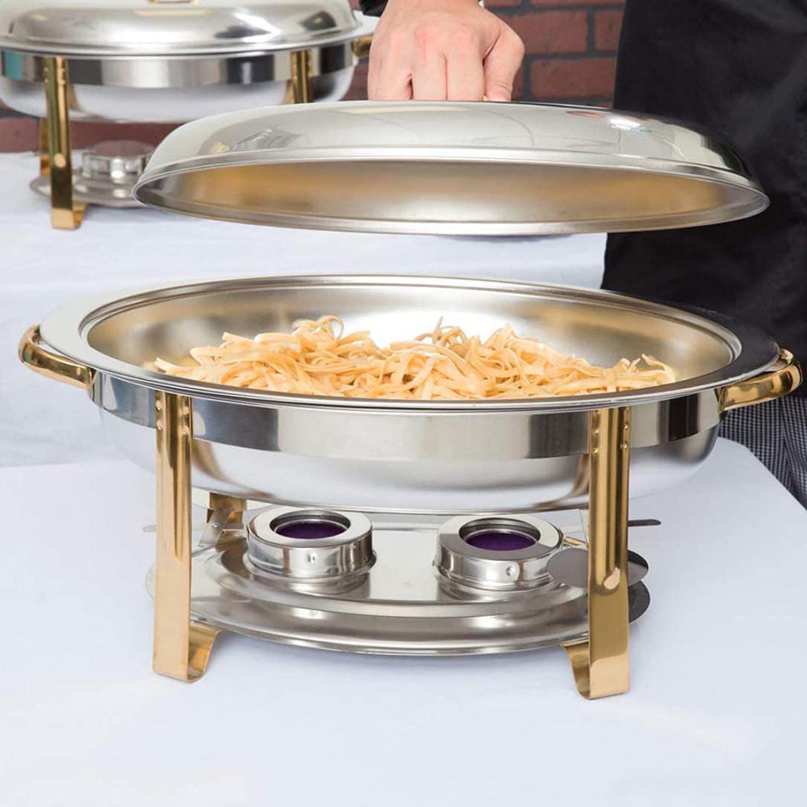 Chafing Dish Ovale, Set scaldavivande da 6 Litri con Coperchio, Supporto per pentola d'Acqua e Supporto per combustibile per Catering, Feste, Matrimoni, cene, Oro