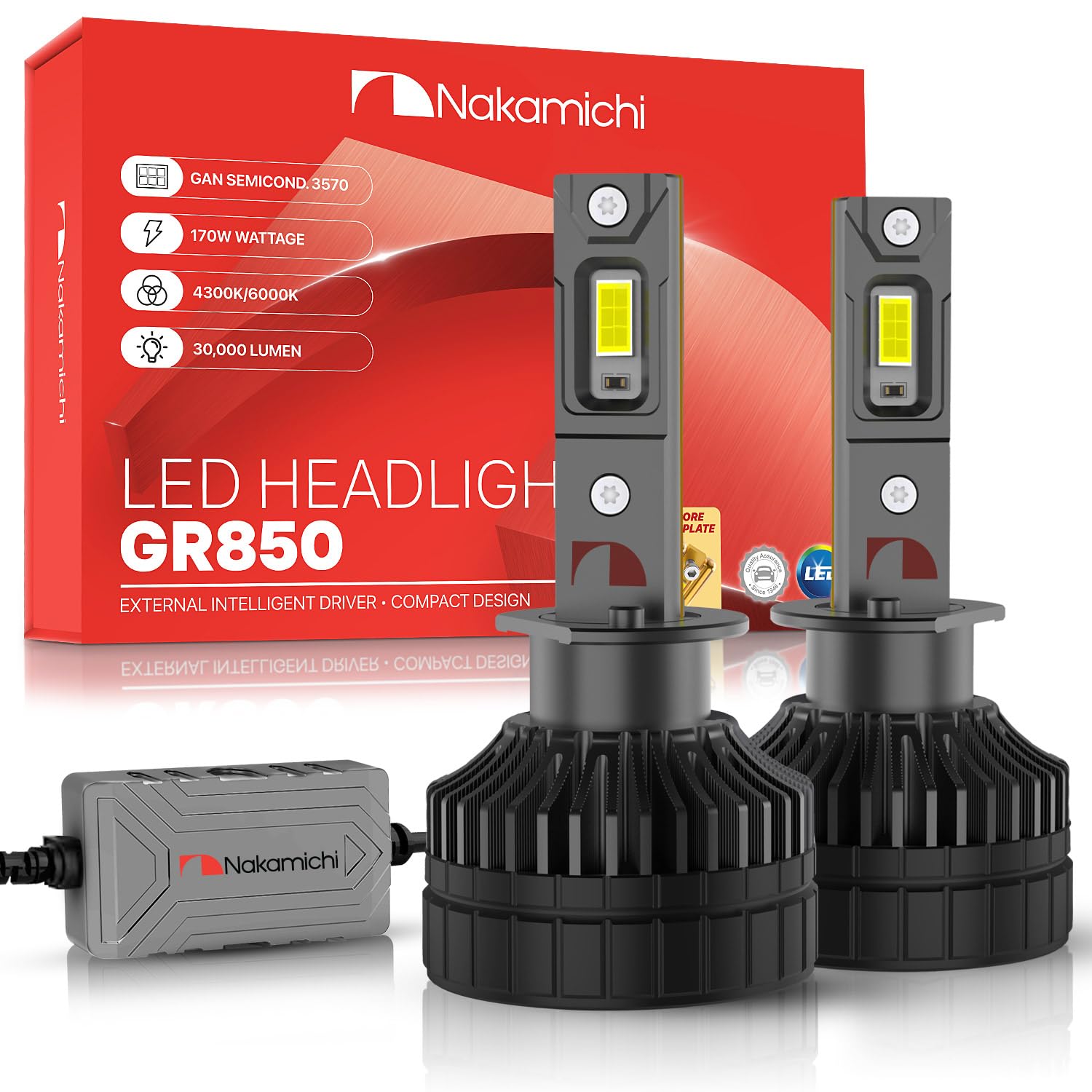 Nakamichi GR850 Serie, Bombillas LED de Repuesto, 30,000 Lúmenes, 170W por Conjunto, Blanco Frío Súper Brillante, Plug & Play, Luces de Cruce y Carretera, Lote de 2 4300K, H1