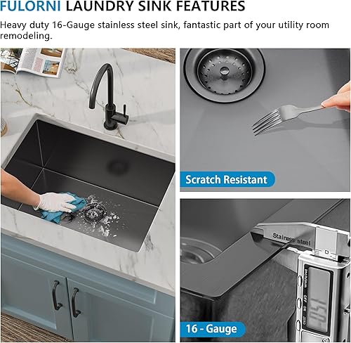 Miniatura 72 de Fregadero de lavandería de 25 x 22 pulgadas, montaje superior, acero inoxidable T304, calibre 16, 12 pulgadas de profundidad, fregadero individual