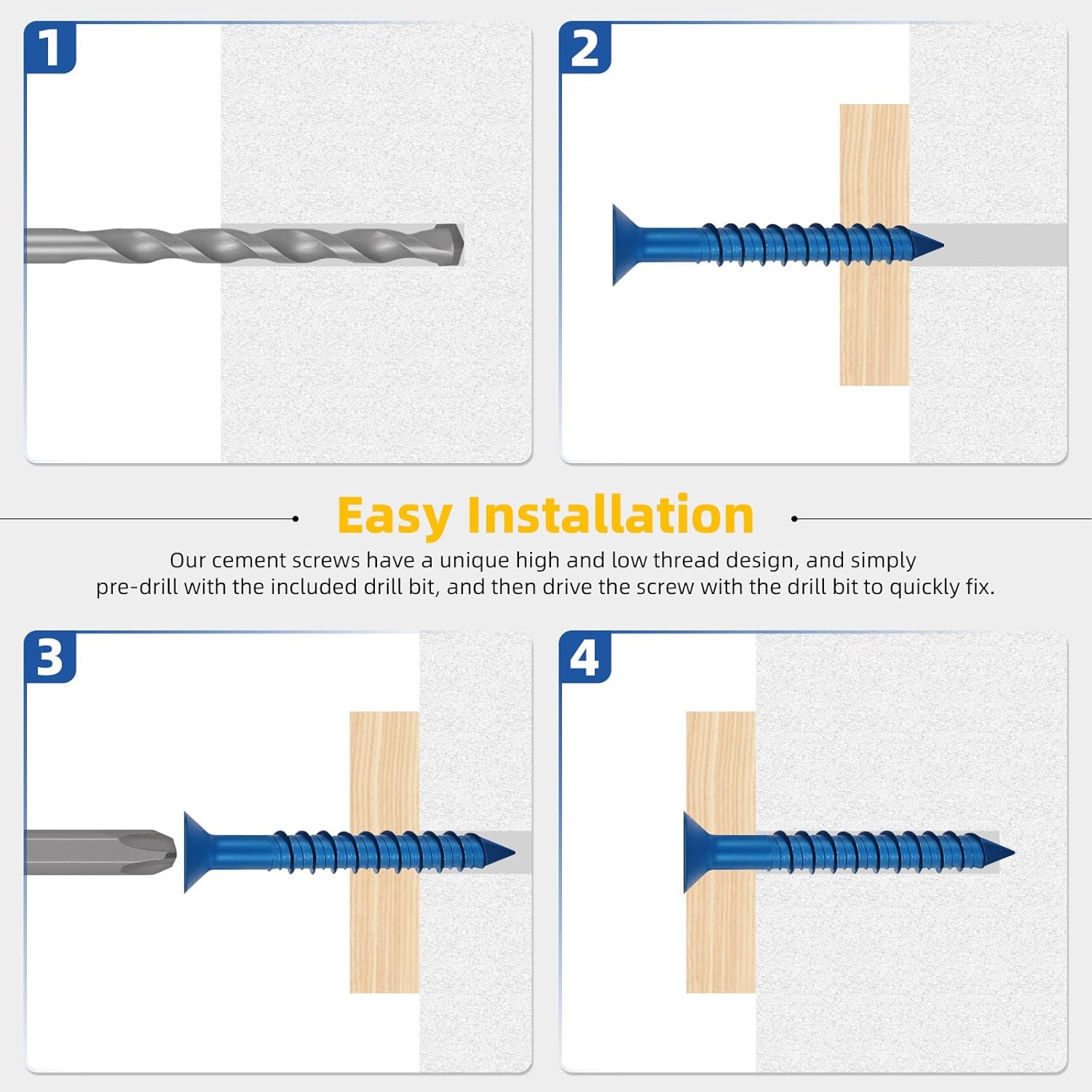 Glarks 102pcs 3/16 Inch Blue Flat Head Phillips Concrete Screws Anchor Set, 5 Sizes Heavy Duty Concrete Anchor Screws with Drill Book for Anchoring, Masonry, Block, Brick (3/16 Inch)