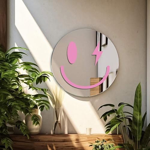 Miniatura 7 de Whaline Espejo de pared de cara sonriente de 11.8 pulgadas, espejo decorativo rosa preppy, espejo colgante de acrílico, espejo estético montado en