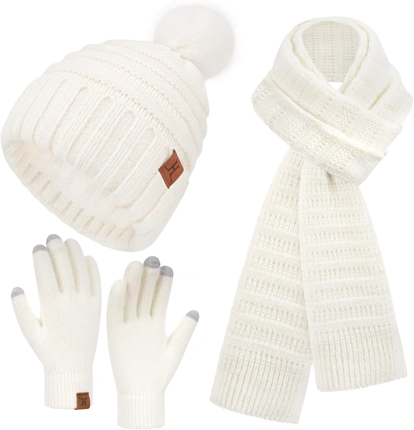 Womens Winter Hats Beanie Touchscreen Gloves Long Scarf Set Knit Warm Caps with Pom Fleece Gifts for Women