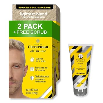 Cleverman 2 Pack Reusable Hair & Beard Dye for Men Lightest Blond + 1 Free Energizing Face & Beard Scrub
