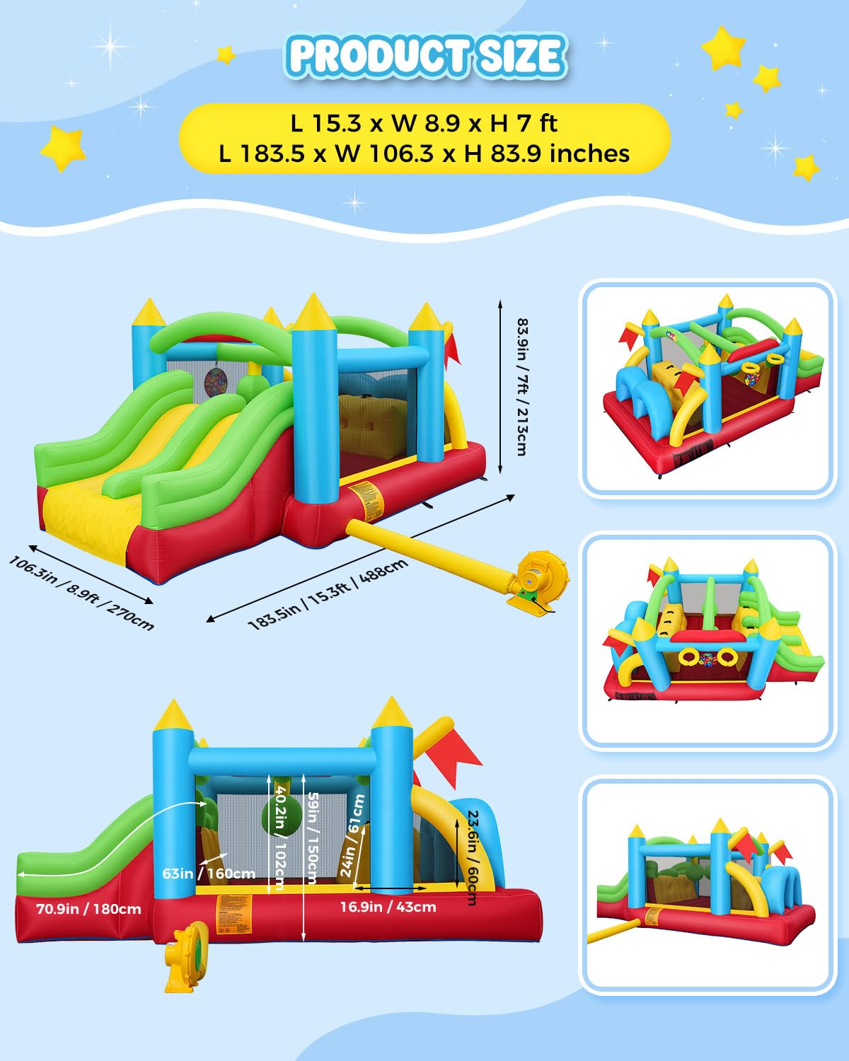 AKEYDIY Château gonflable pour enfants, parcours d’obstacles gonflable de 4,7 x 2,7 m avec zone de saut, doubles toboggans, tunnels, murs d’escalade, paniers de basket, cibles, château gonflable pour