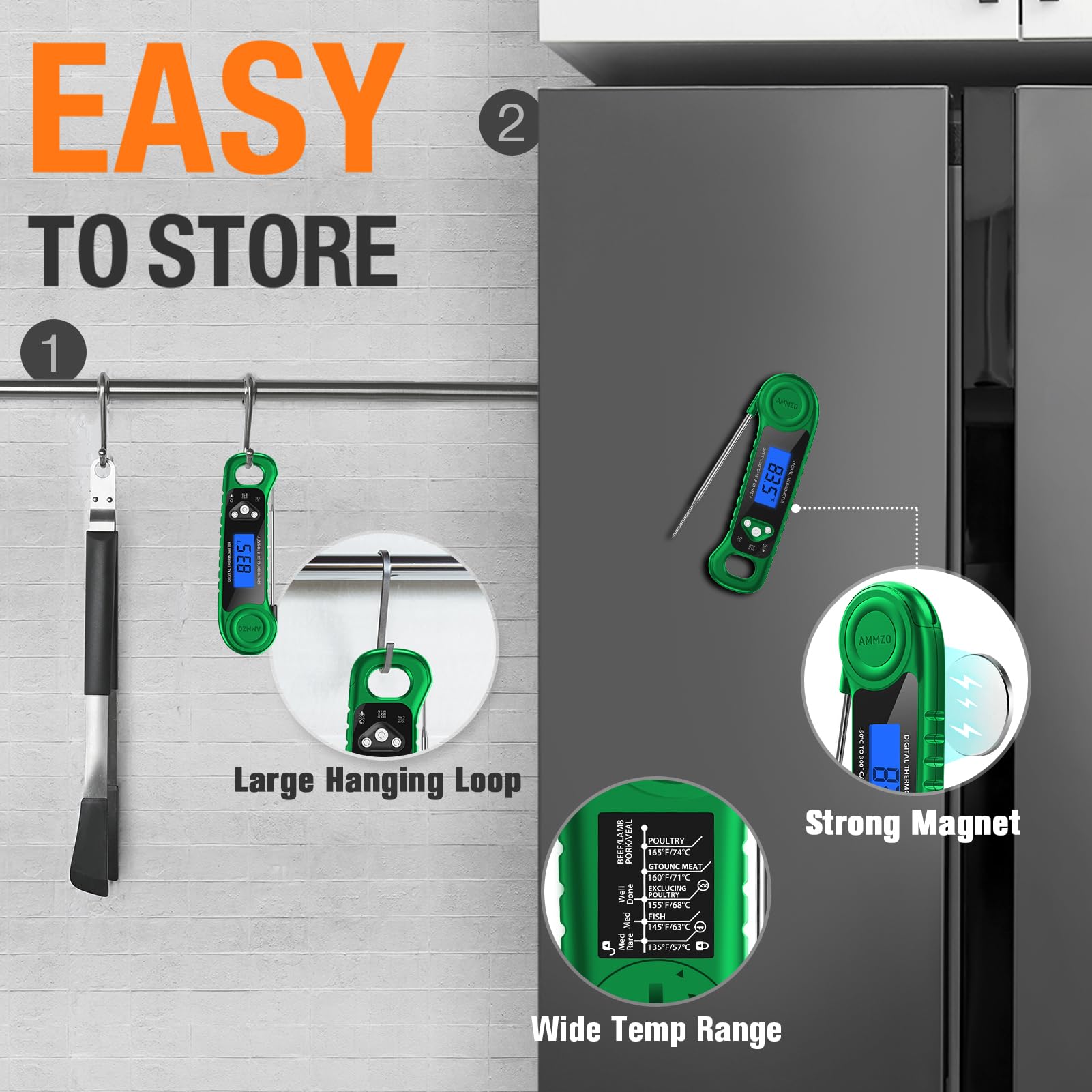AMMZO Termómetro digital de carne para asar, termómetro de caramelo de lectura instantánea, termómetro de alimentos impermeable con retroiluminación para cocinar, freír, barbacoa, ahumadero y