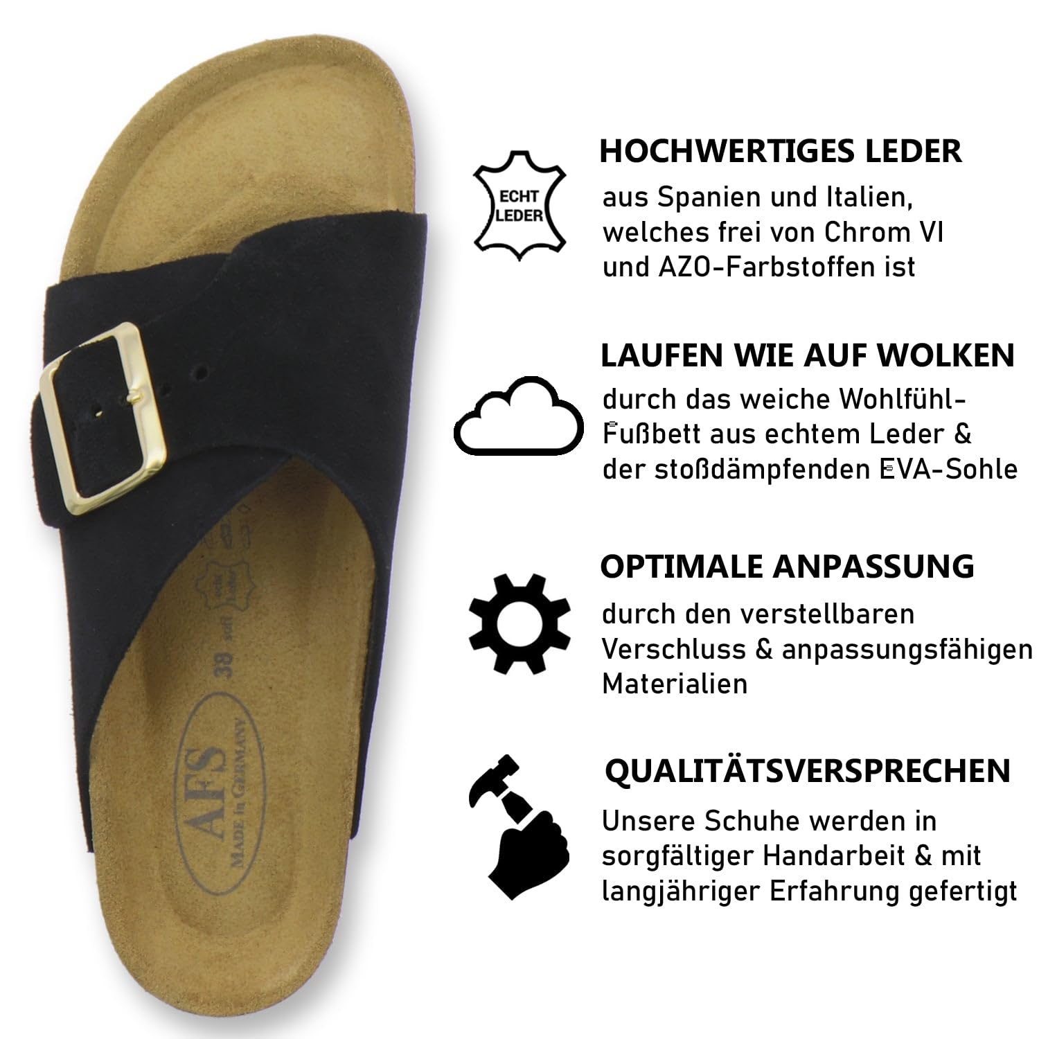 AFS-Schuhe 2150 - Mules tendance pour femme - En cuir véritable - Sandales d'été avec grande boucle - Fabriquées à la main en Allemagne