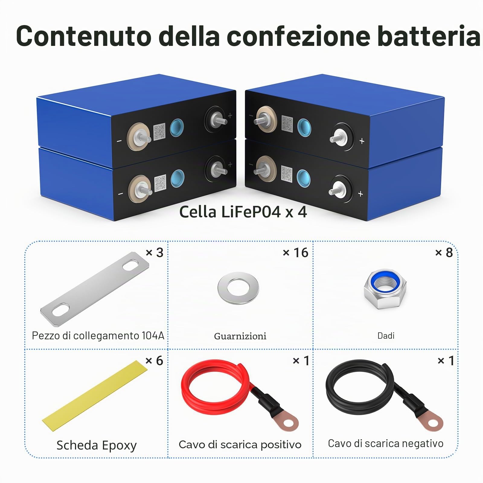 12V 100AH (3,2 V x 4 Packs) LifePO4 Batteria Deep Cycle al litio fosfato di ferro, sostituisce batteria AGM al piombo acido, adatta per camper, traina, barche, impianti solar