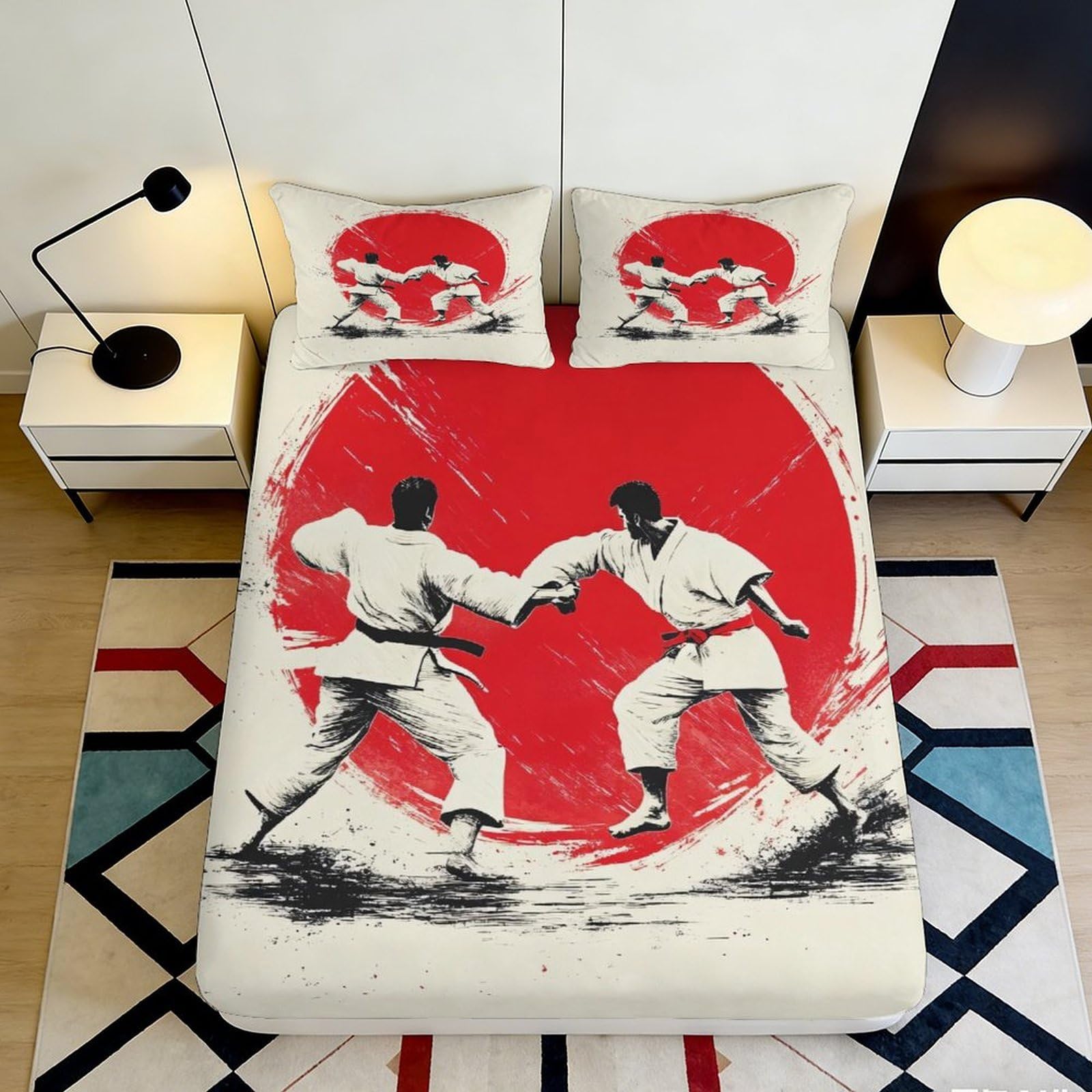 3D Printed Japanese Martial Arts Fitted Sheet Microfiber Karate Dojo Mattress Cover with Protector for Bedroom Dorm 90x200x25cm