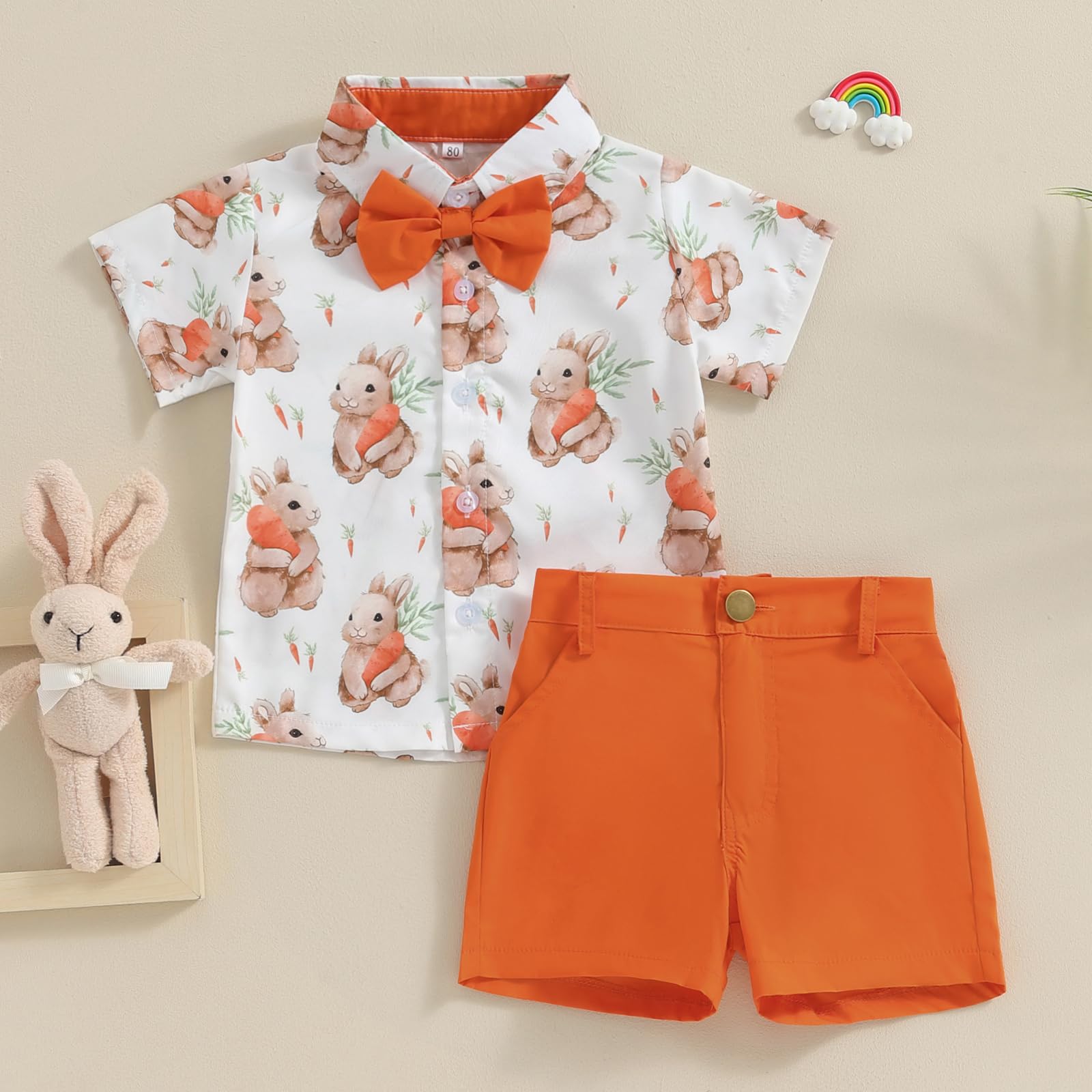 Baby Boy Easter Outfit Bunny Dress Shorts Set Short Sleeve Button Down Shirt and Shorts with Bowtie Summer Clothes (A-Orange, 3-4 Years)