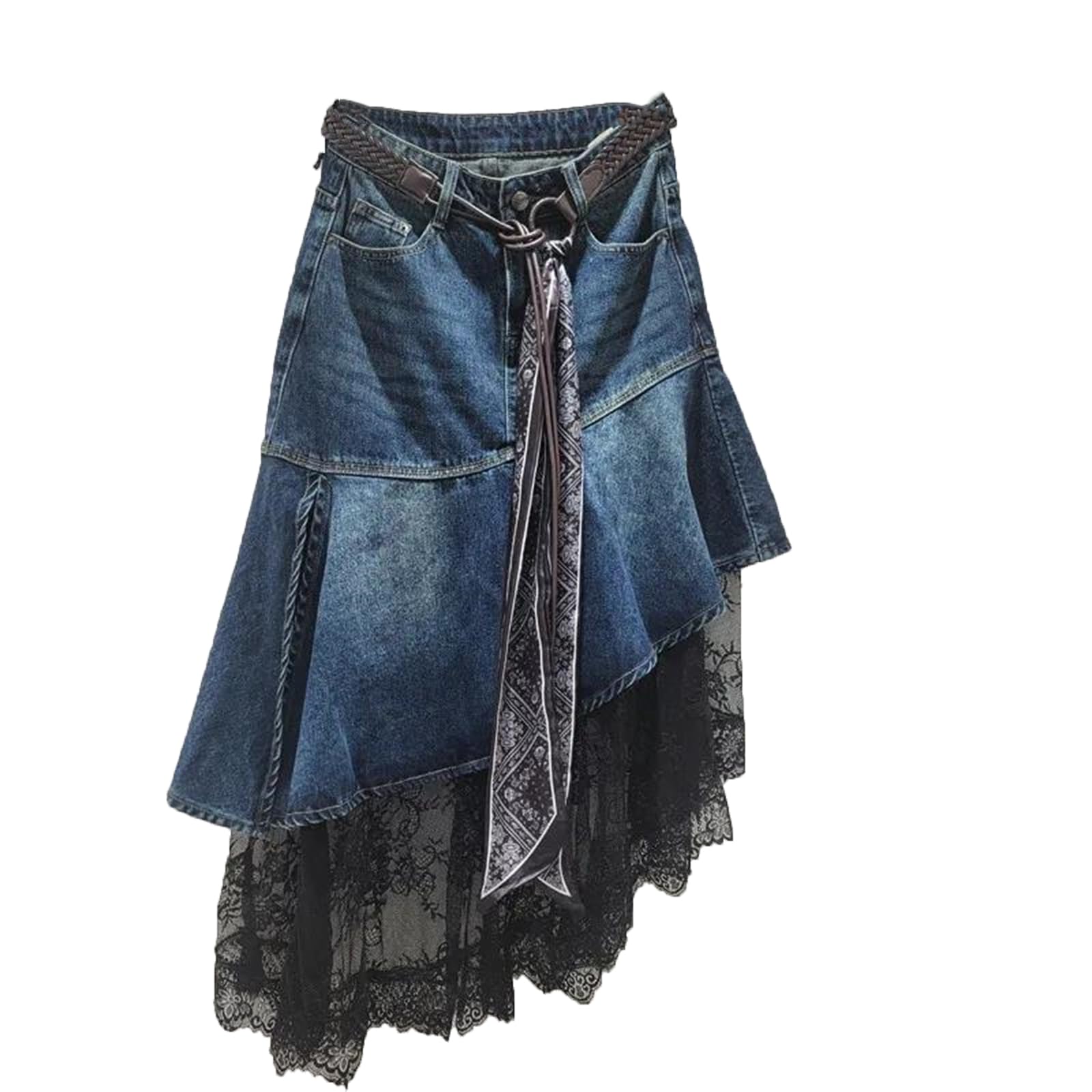 Womens High Waist Denim Lace Patchwork Asymmetrical Skirt Slim Fit Scarf Belt Design Chic Fashion Skirt