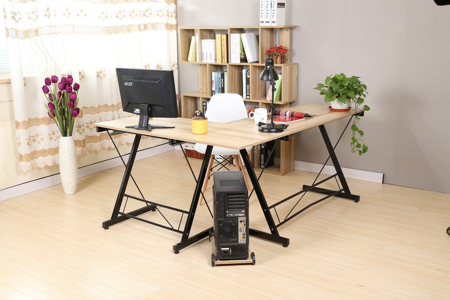 hj Escritorio Mesa L para Ordenador Oficina Estudio Esquina Madera Ajustable (Amarillo) 161 * 120 * 73cm
